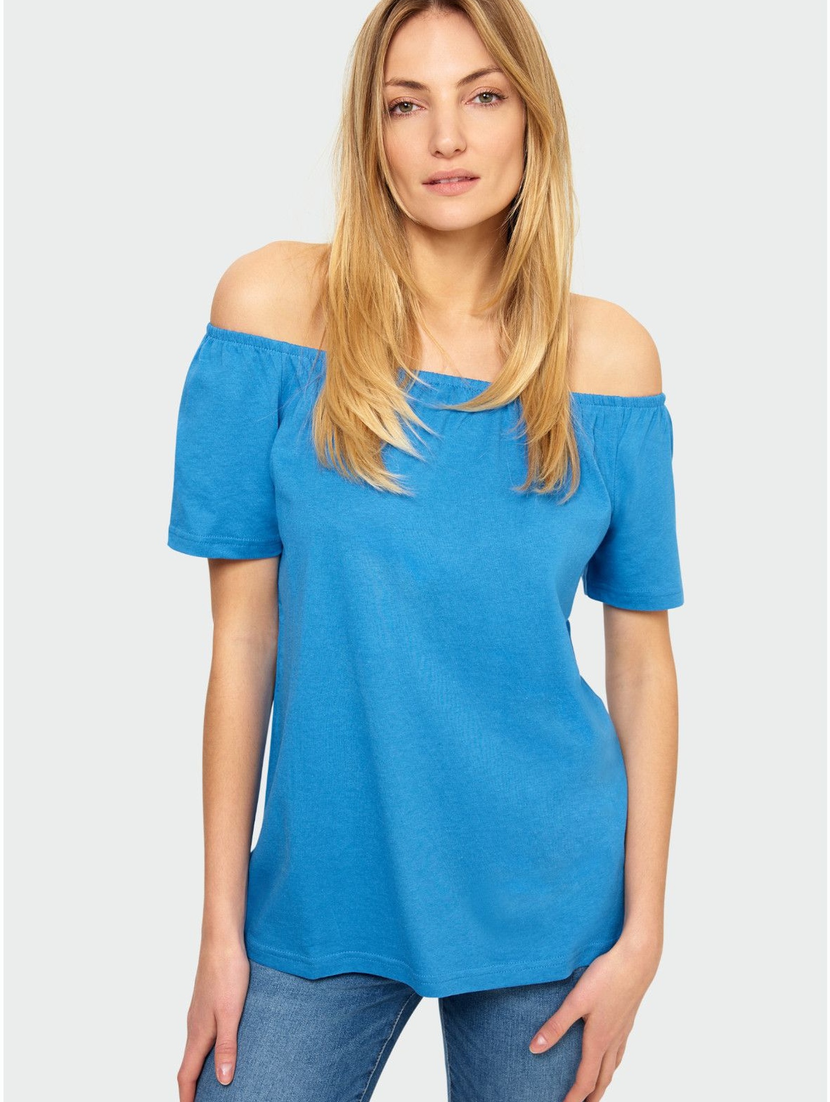 Niebieska bluzka damska z odkrytymi ramionami- niebieska
