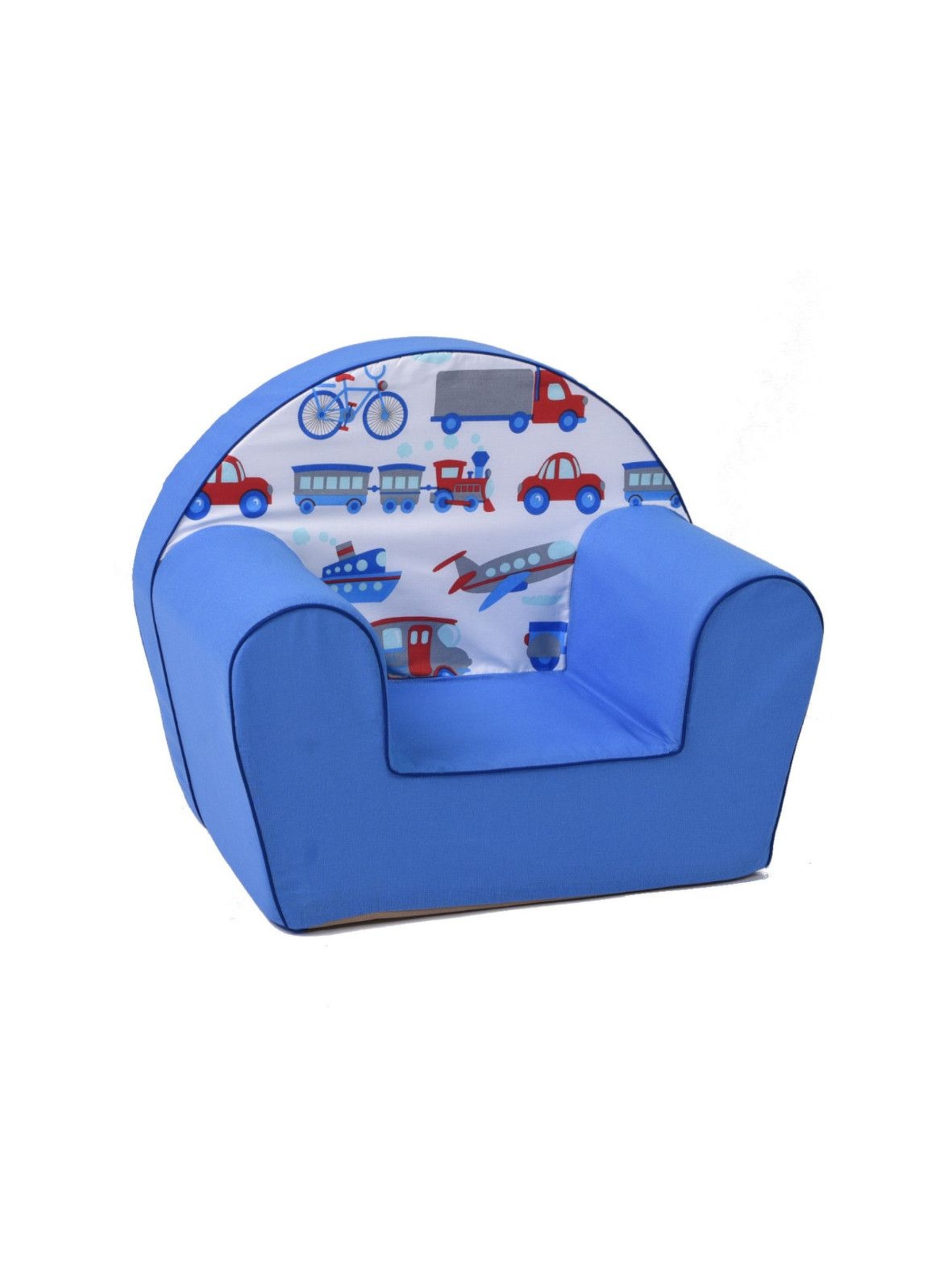 Niebieski fotelik w kolorowe aplikacje