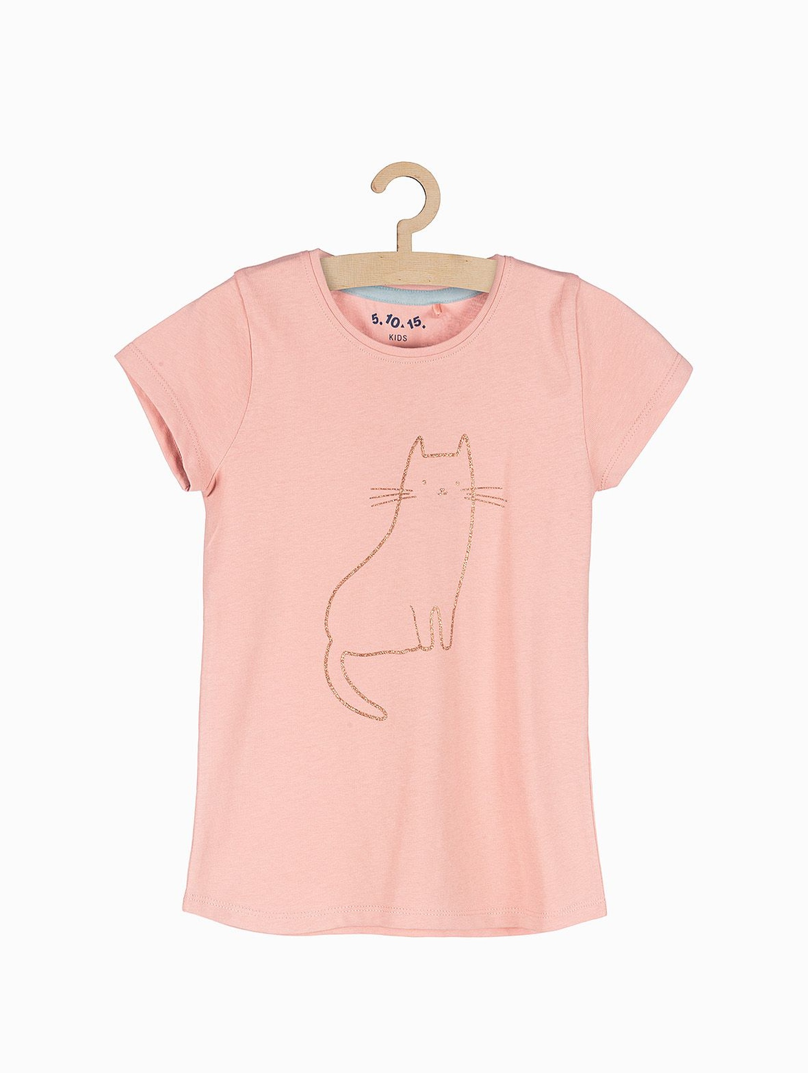 Różowy tshirt dziewczęcy z brokatowym kotem