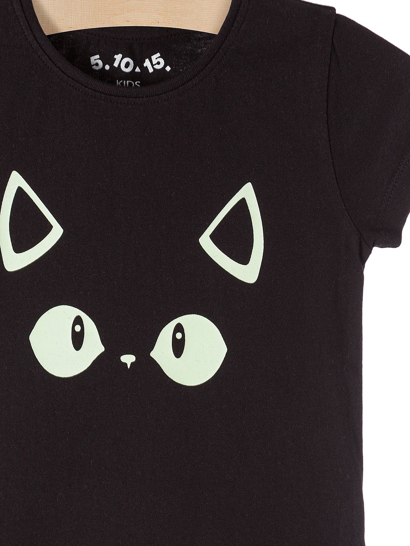 T-shirt dziewczęcy czarny z oczami kota- świeci w ciemności