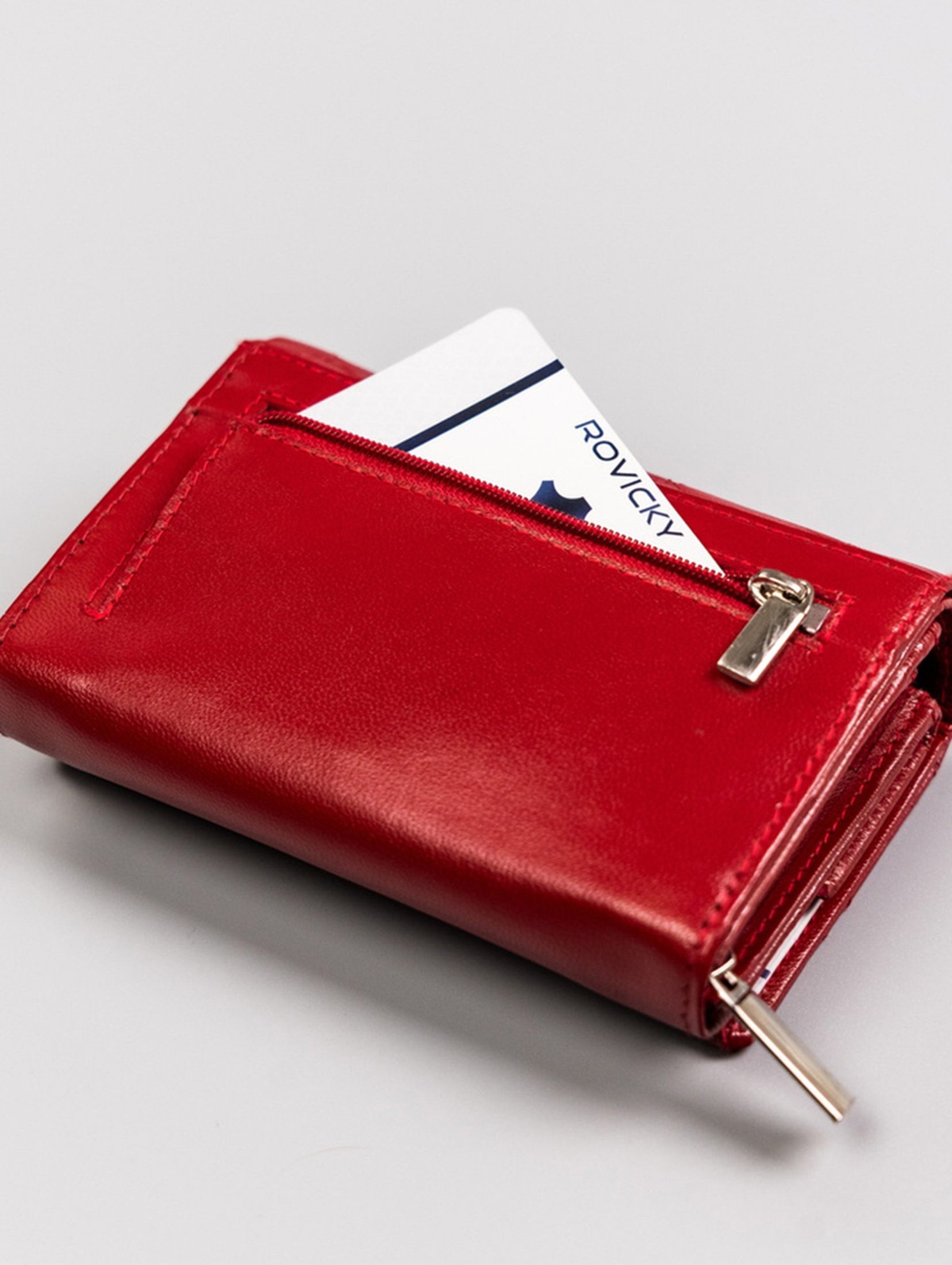 Rovicky skórzany portfel damski zamykany na zatrzask- czerwony