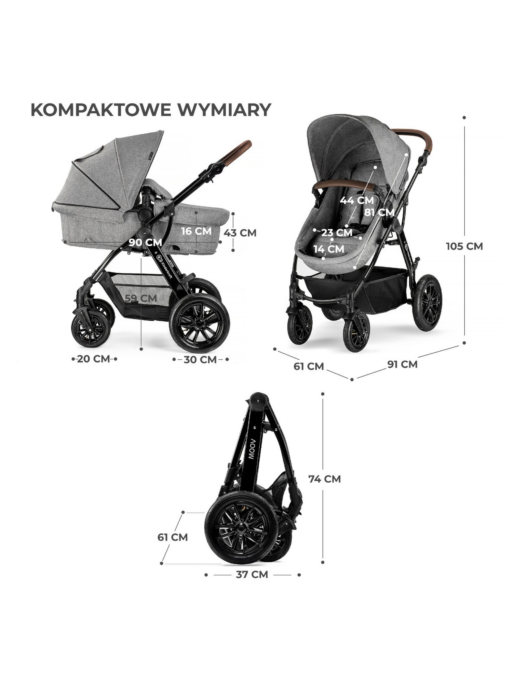 Kinderkraft wózek wielofunkcyjny MOOV 3IN1 MINK PRO GREY MELANGE - szary