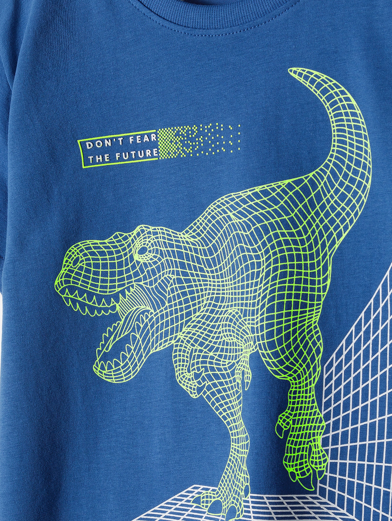 Niebieski t-shirt chłopięcy bawełniany z nadrukiem dinozaura