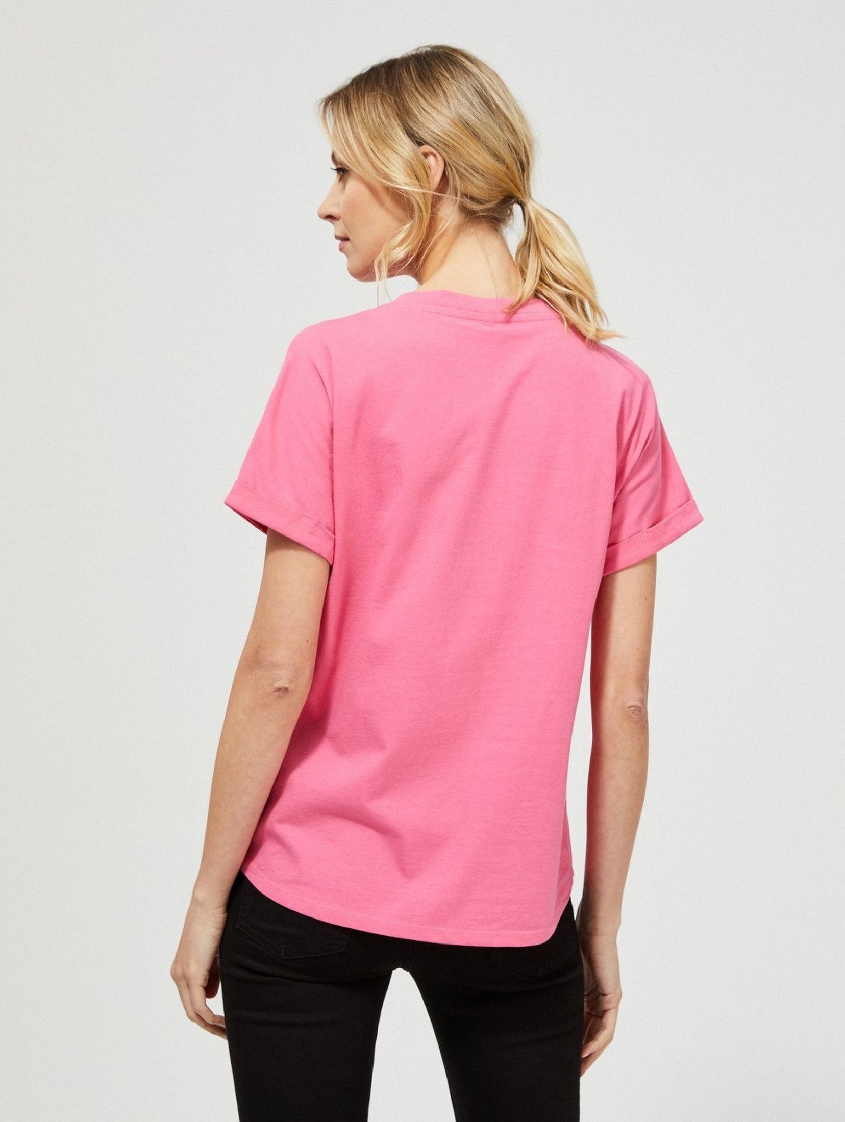 Bawełniany różowy T-shirt damski na krótki rękaw z napisami
