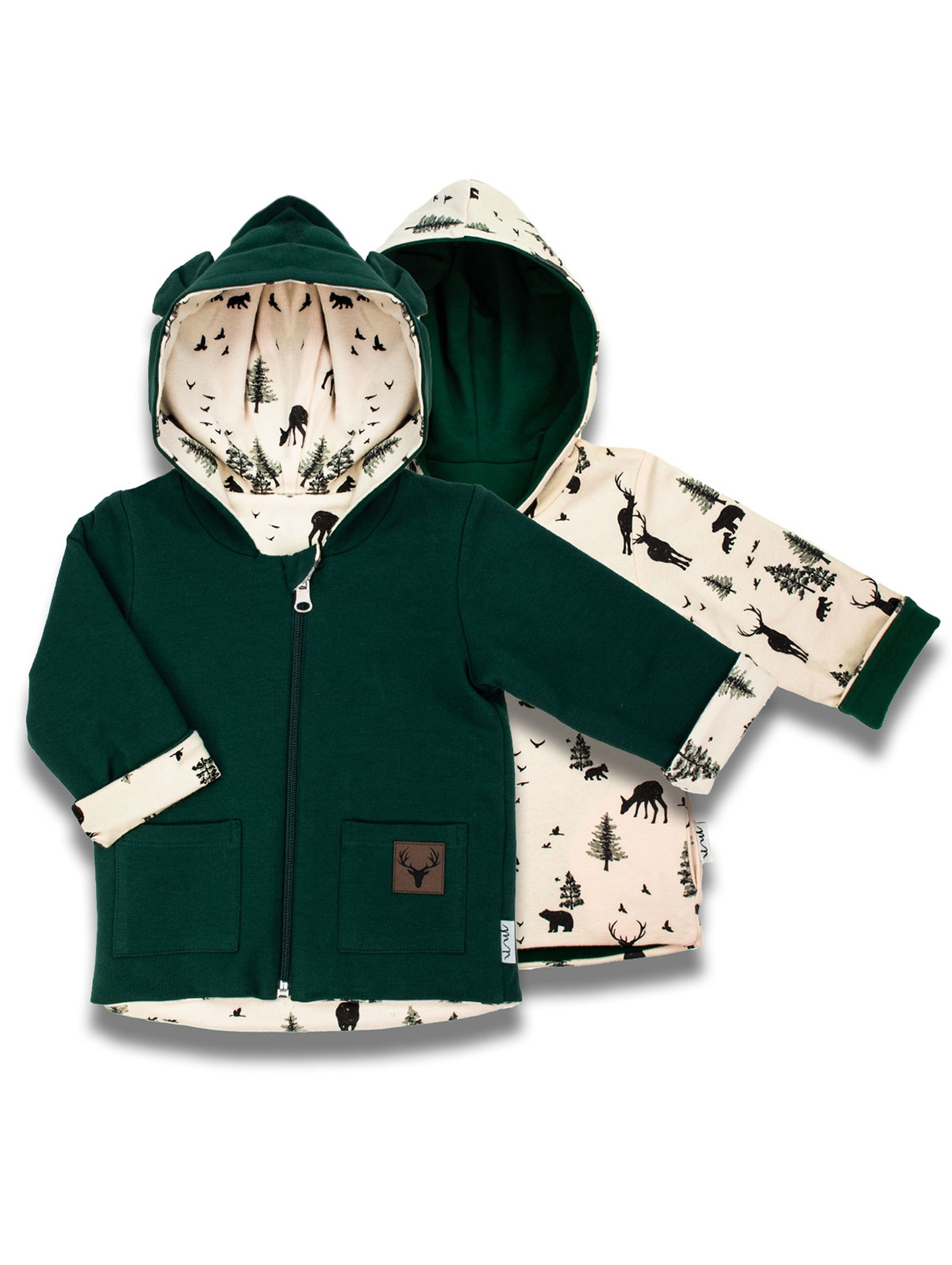 Bawełniana kurtka niemowlęca chłopięca dwustronna zielona/beżowa z motywem leśnym