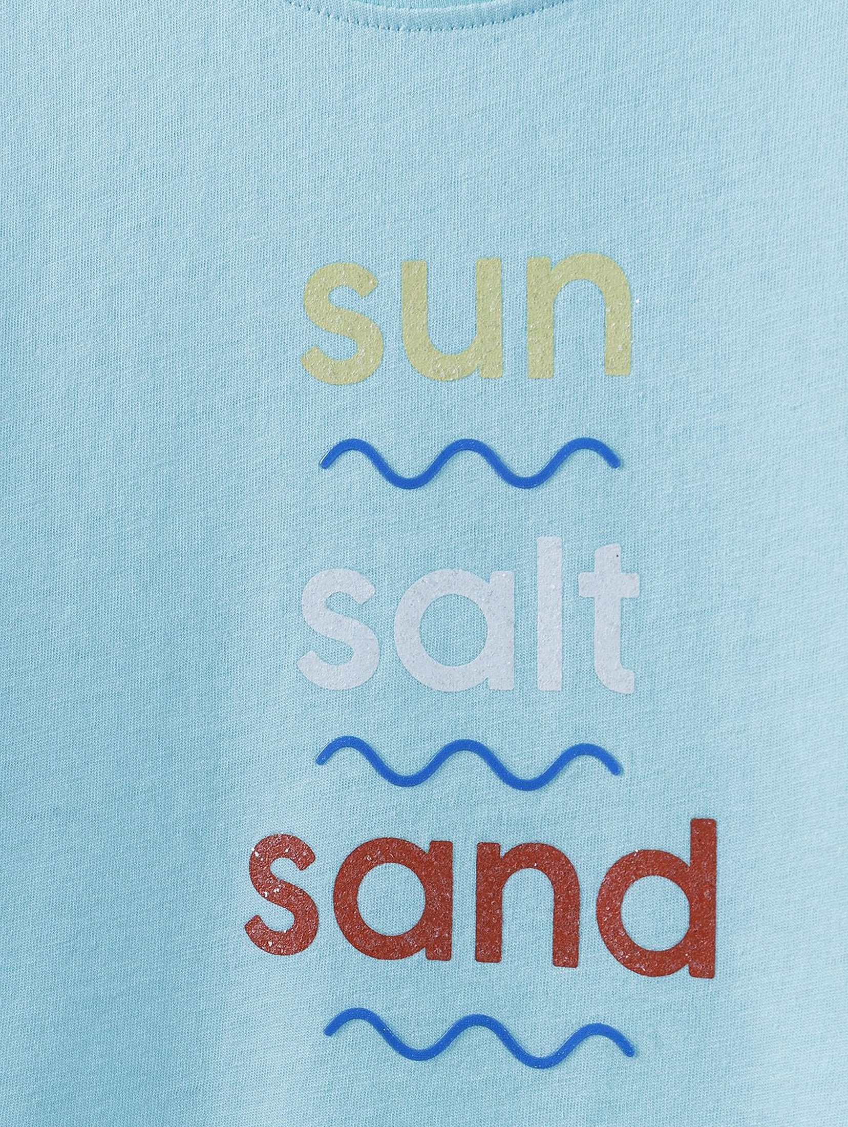 T- shirt dziewczęcy z napisem Sun Salt Sand - niebieski