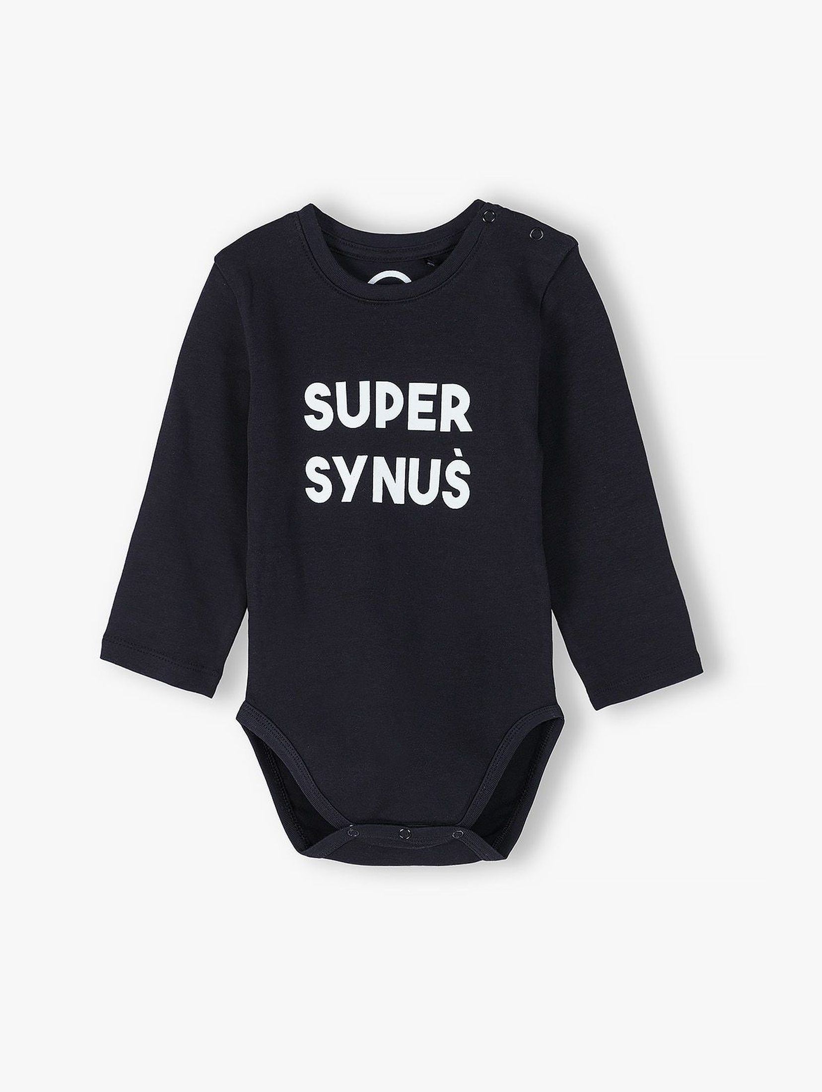 Bawełniane body niemowlęce czarne z napisem- Super Synuś