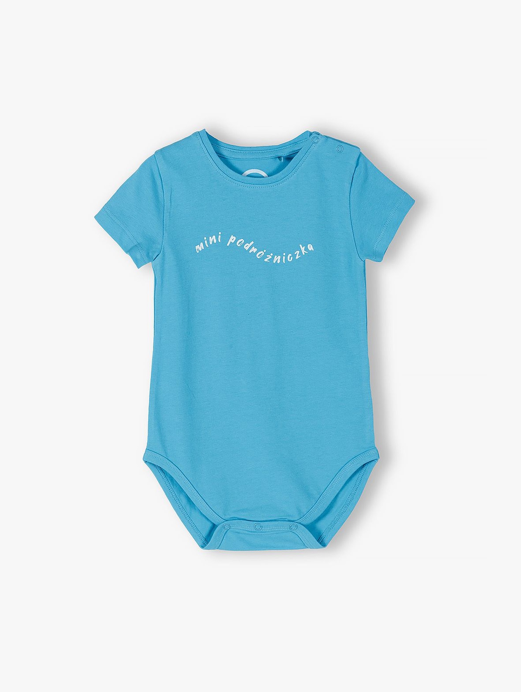 Niebieskie body niemowlęce z napisem Mini Podróżniczka