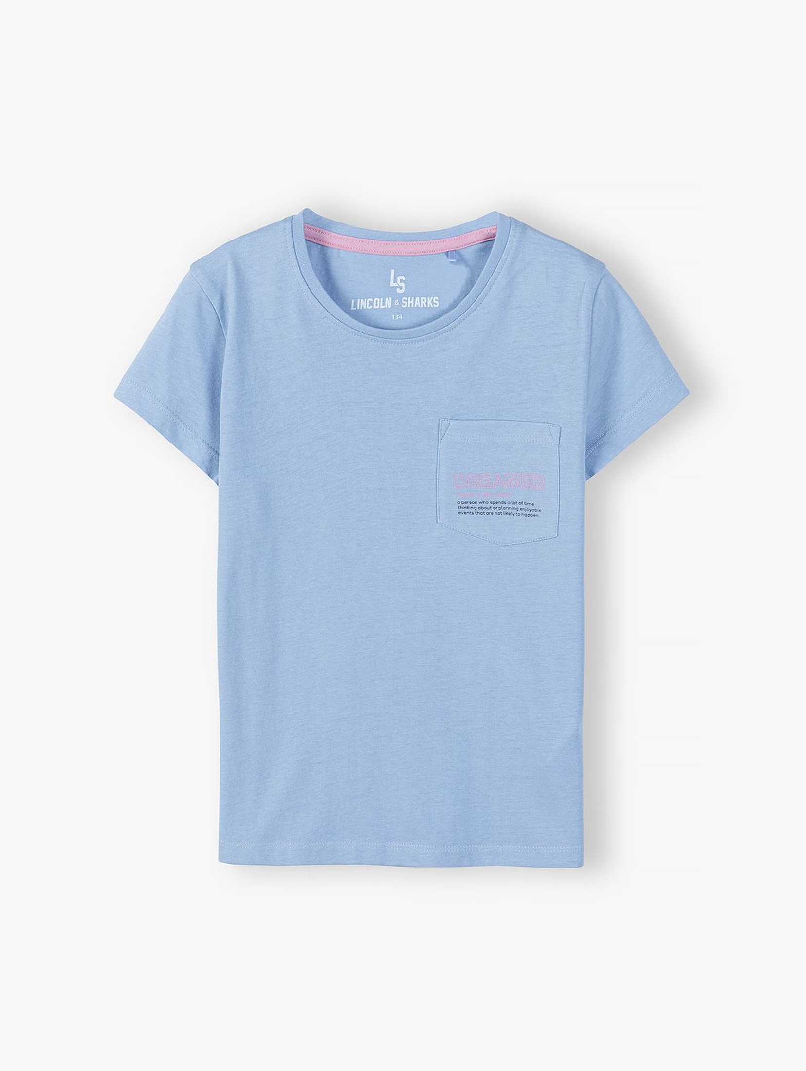 Bawełniany t-shirt z ozdobną kieszonką - niebieski