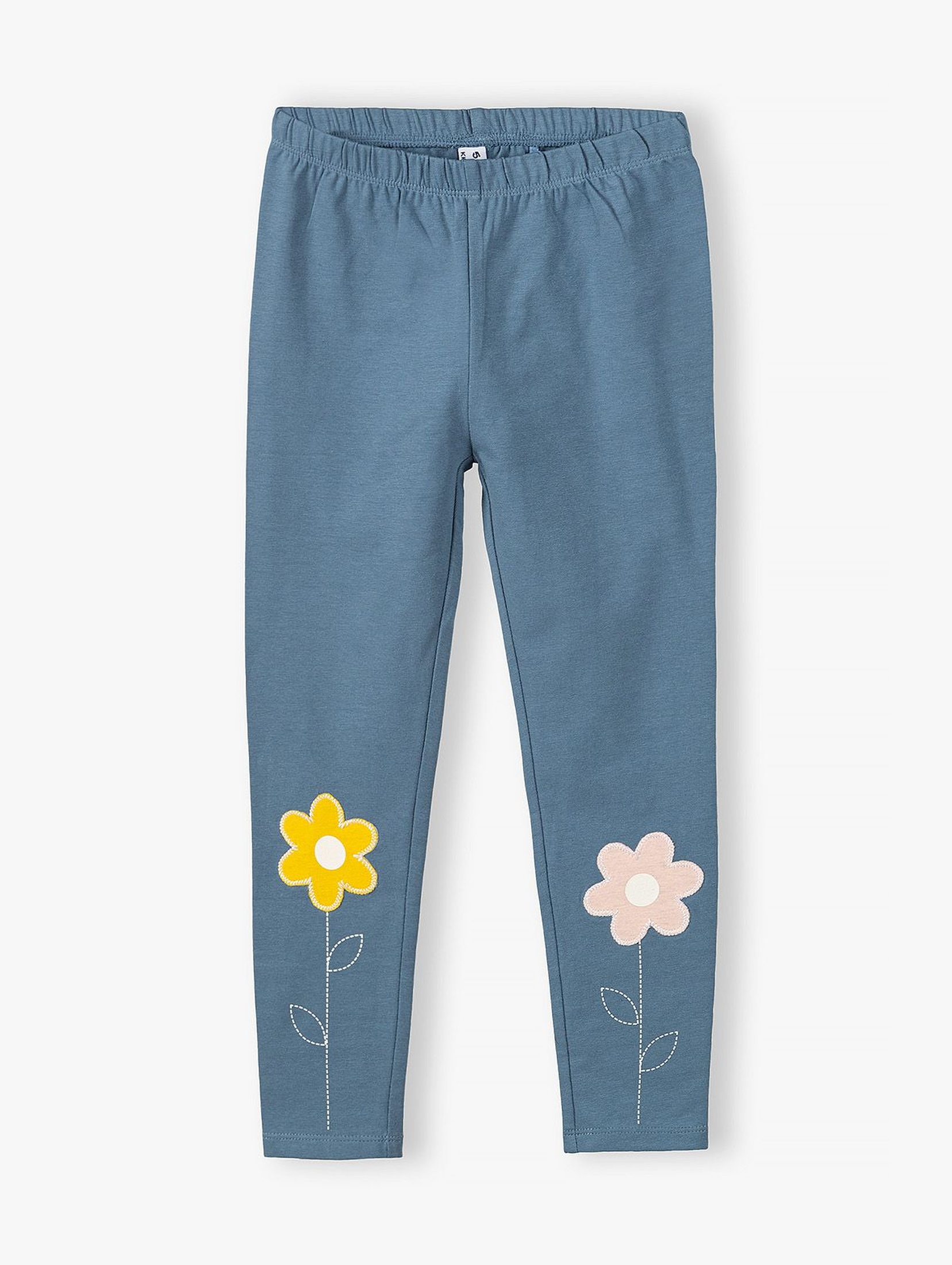 Leginsy dziewczęce z kwiatkami na nogawkach - niebieskie