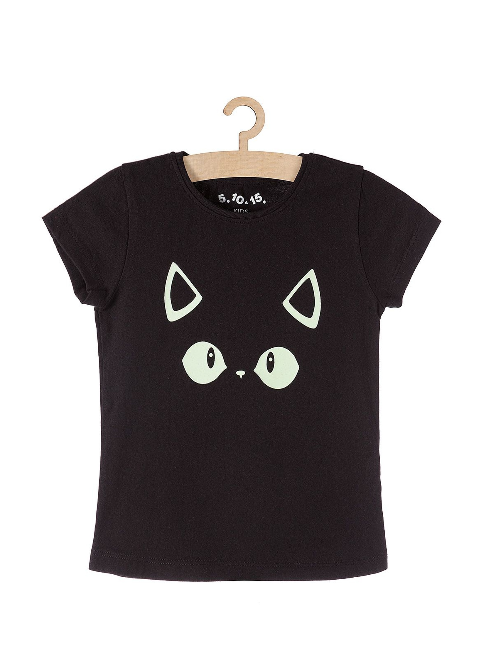 T-shirt dziewczęcy czarny z oczami kota- świeci w ciemności
