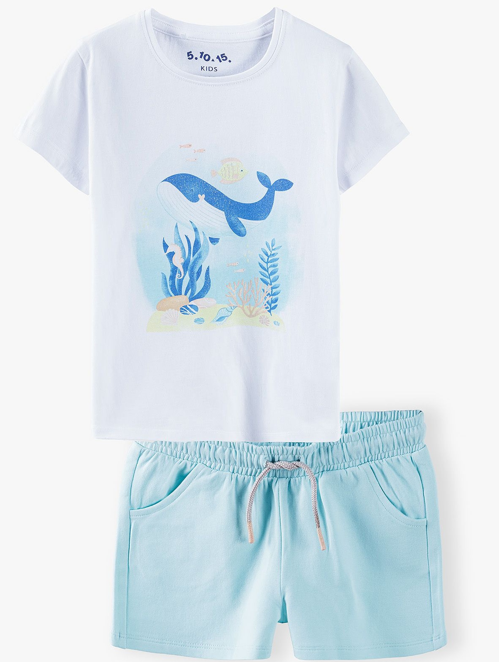Komplet dziewczęcy-biała bluzka z wielorybem i niebieskie  spodenki dzianinowe