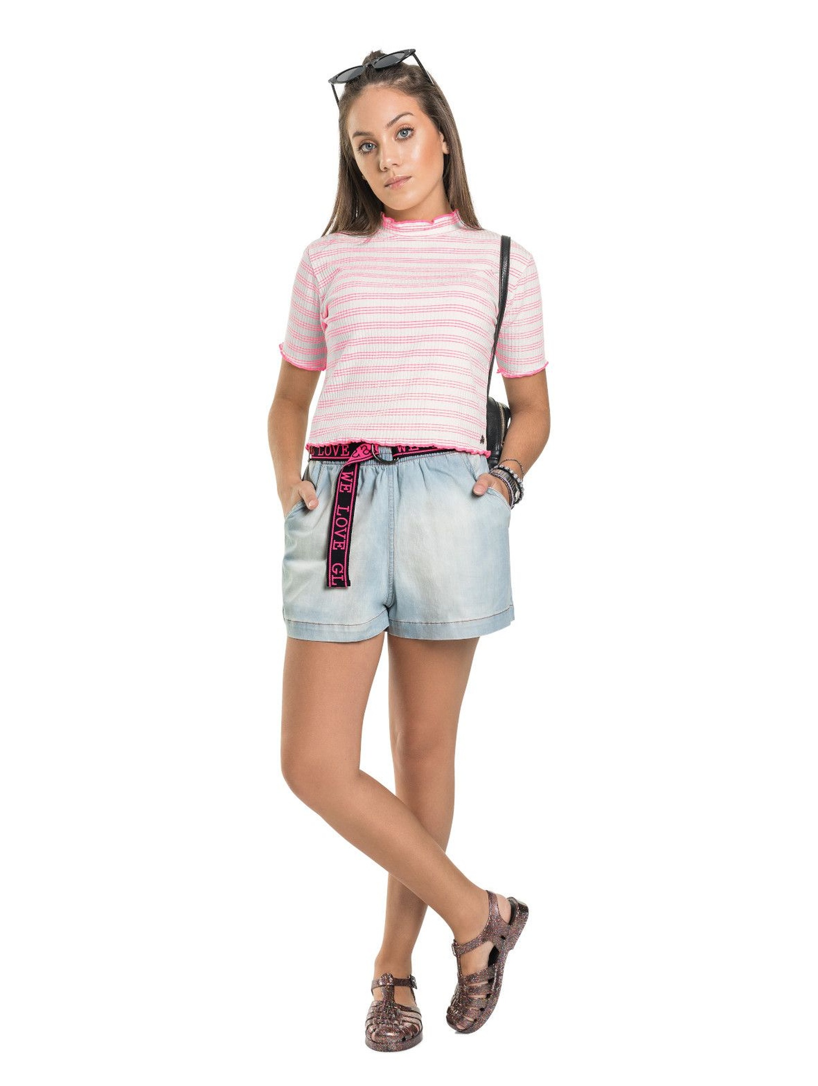 Koszulka dziewczęca w różowe paski - szara