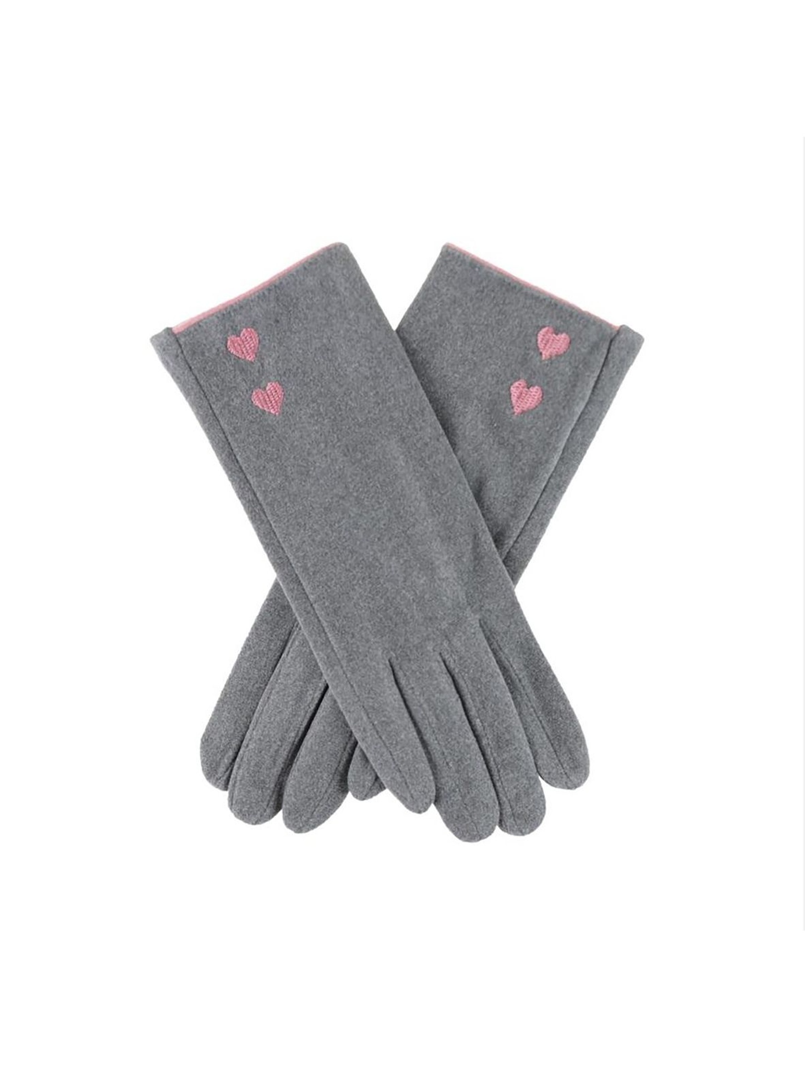 Rękawiczki damskie - szare z różowymi serduszkami