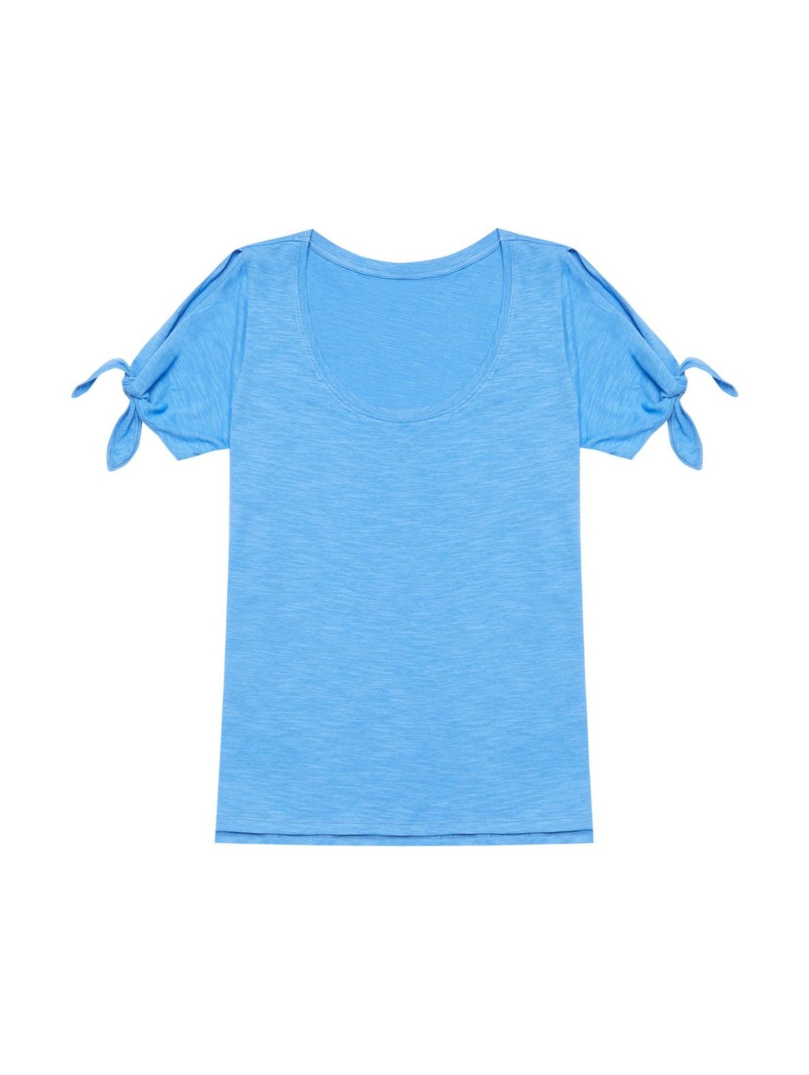 T-shirt damski z wiązaniem przy rękawach- niebieski