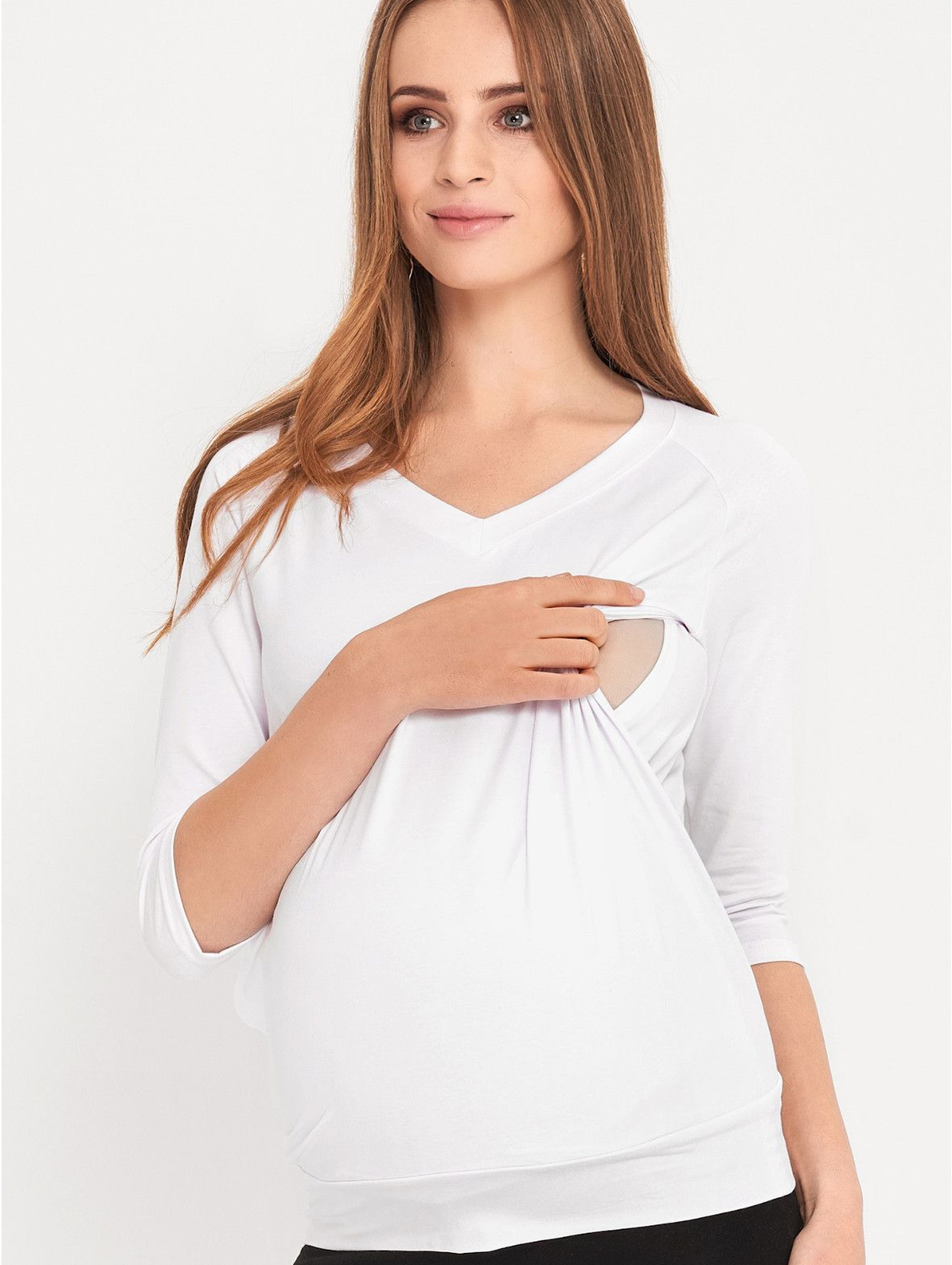 Bluzka ciążowa i dla karmiącej - biała z rękawem 3/4 i z dekoltem w serek