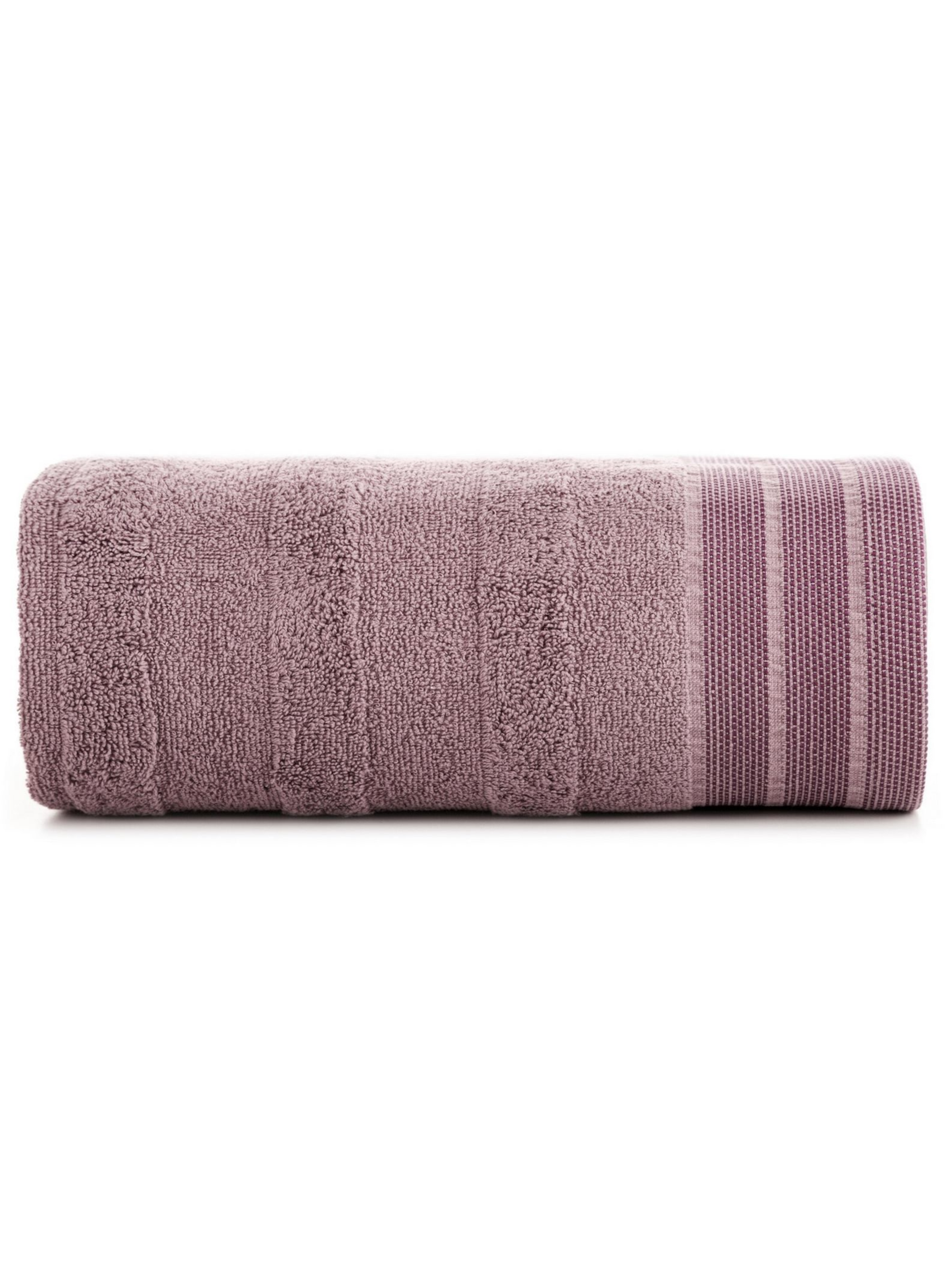Liliowy ręcznik zdobiony pasami 50x90 cm