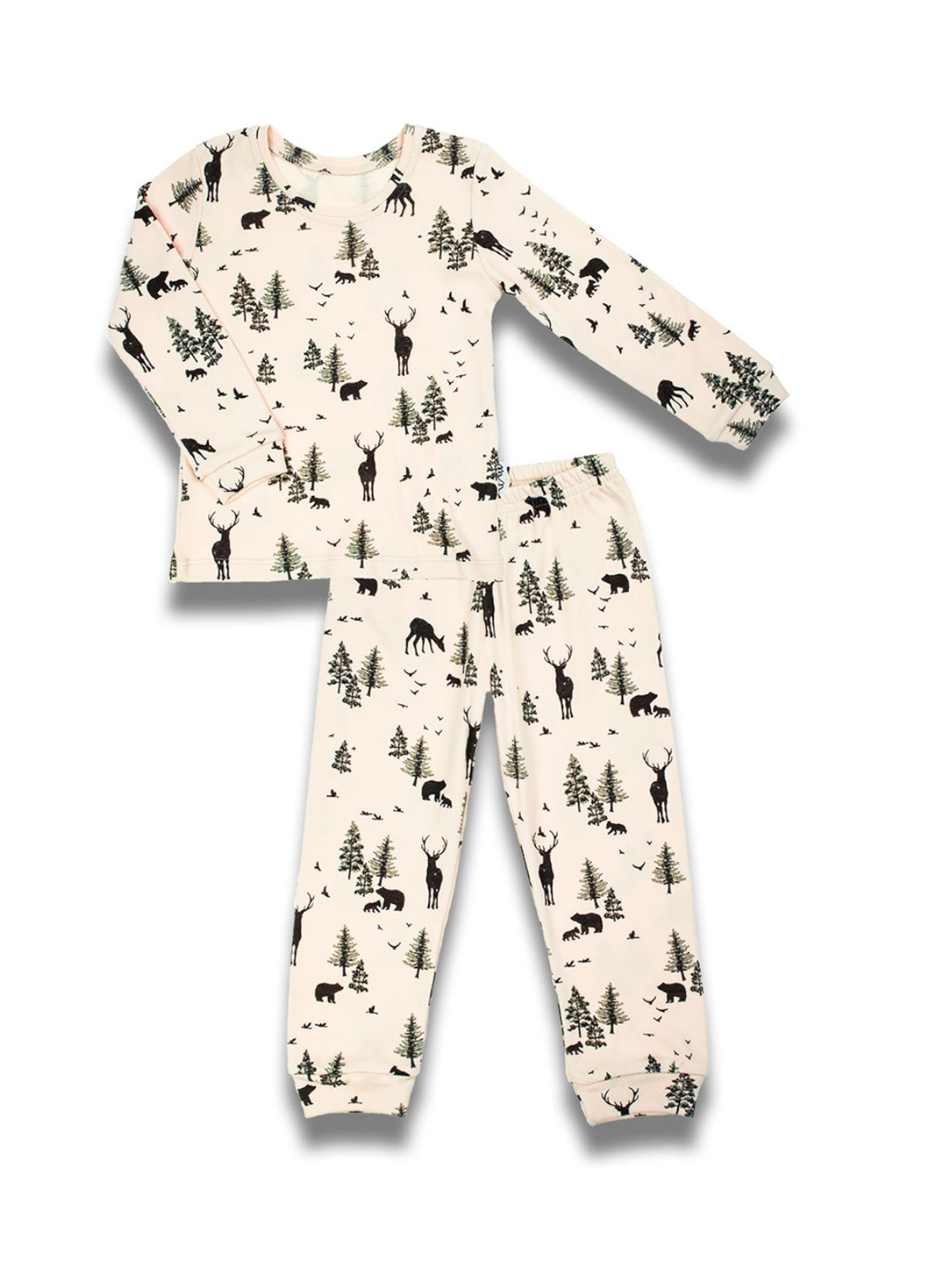 Bawełniana beżowa piżama z długim rękawem z motywem leśnym