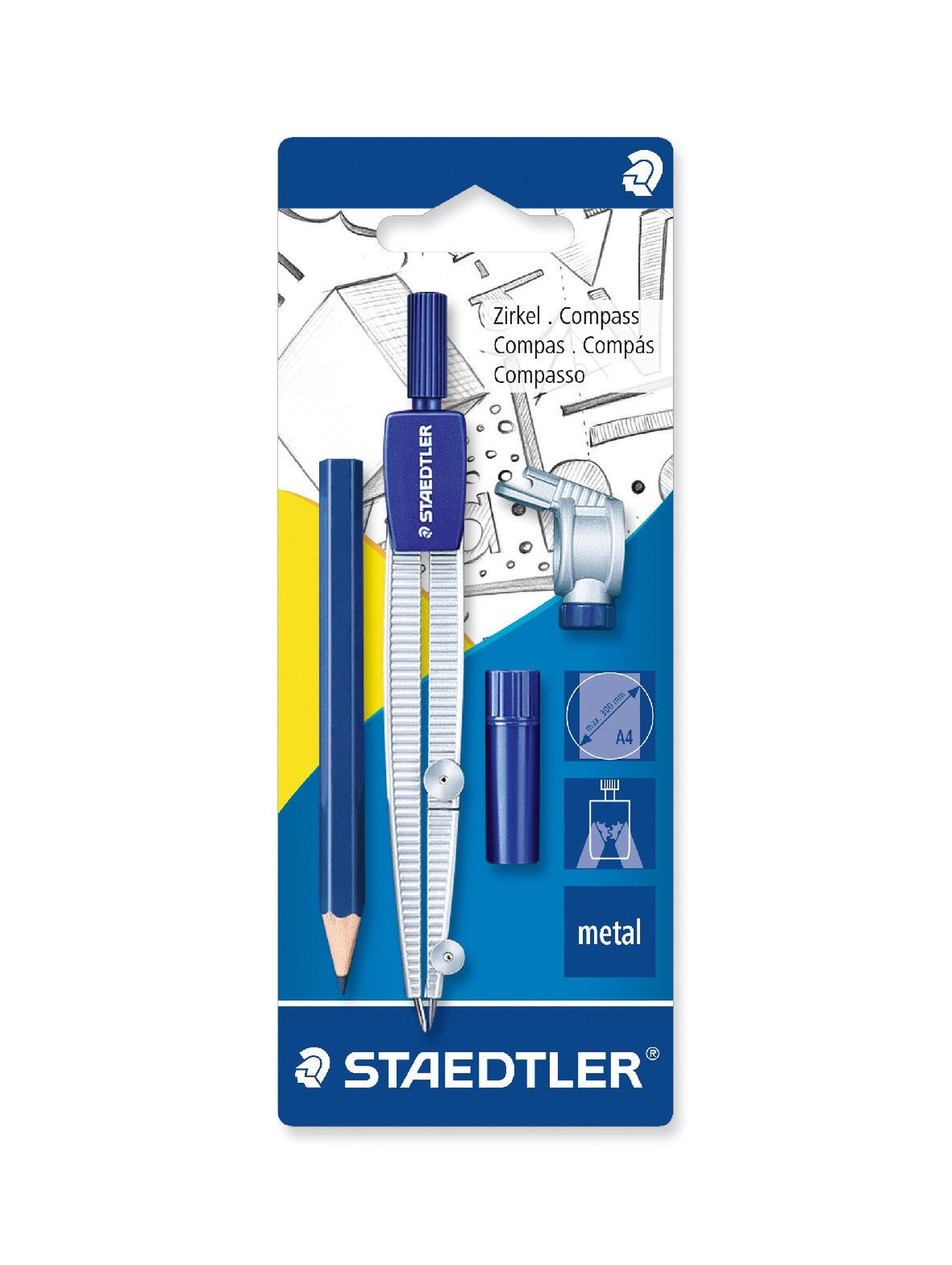 Cyrkiel szkolny z uniwersalnym adapterem + etui na grafity + mały ołówek -  blister