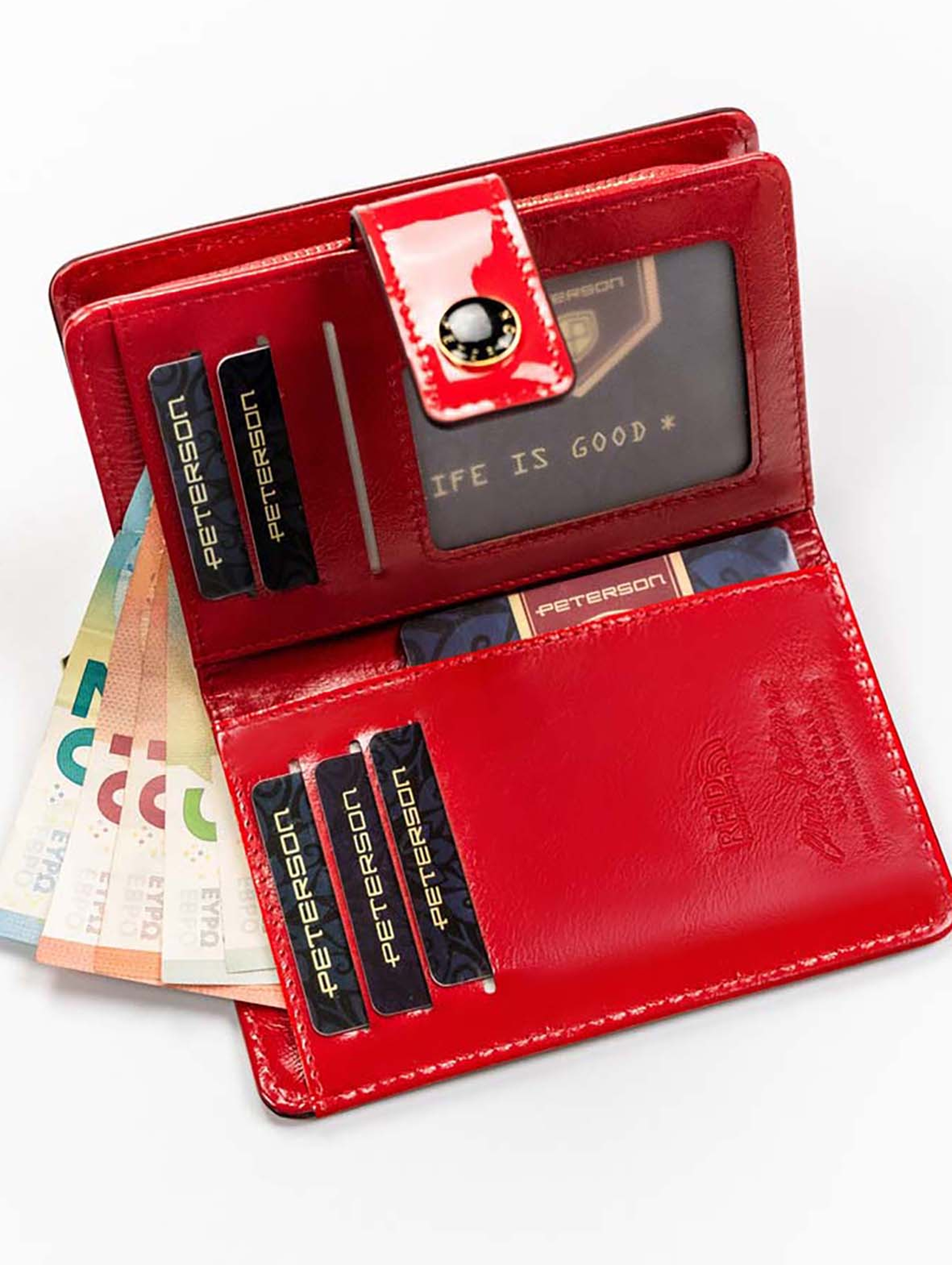 Elegancki portfel damski czerwony ze skóry ekologicznej na zatrzask - Peterson