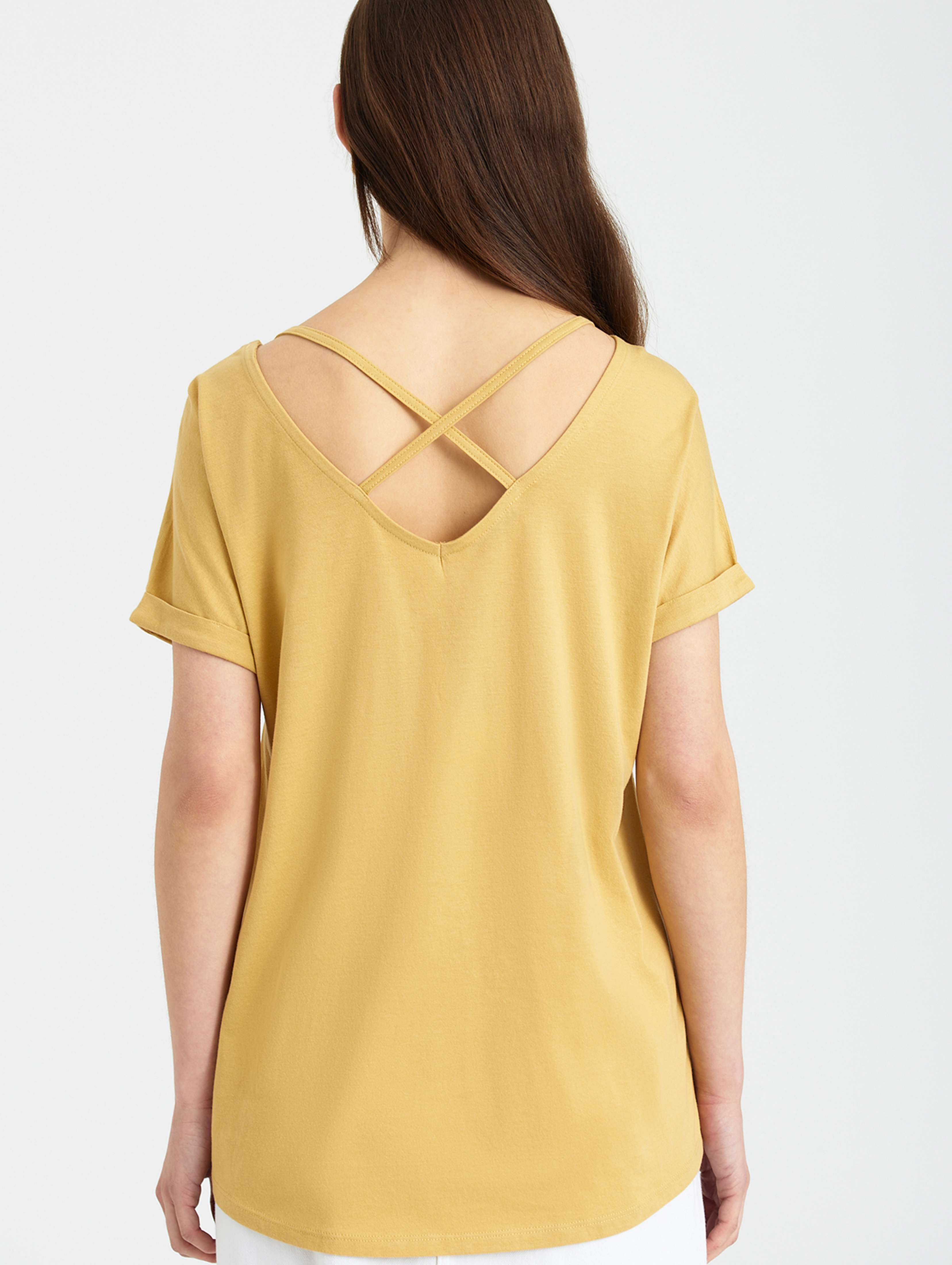Żółta bluzka damska z ozdobnym tyłem