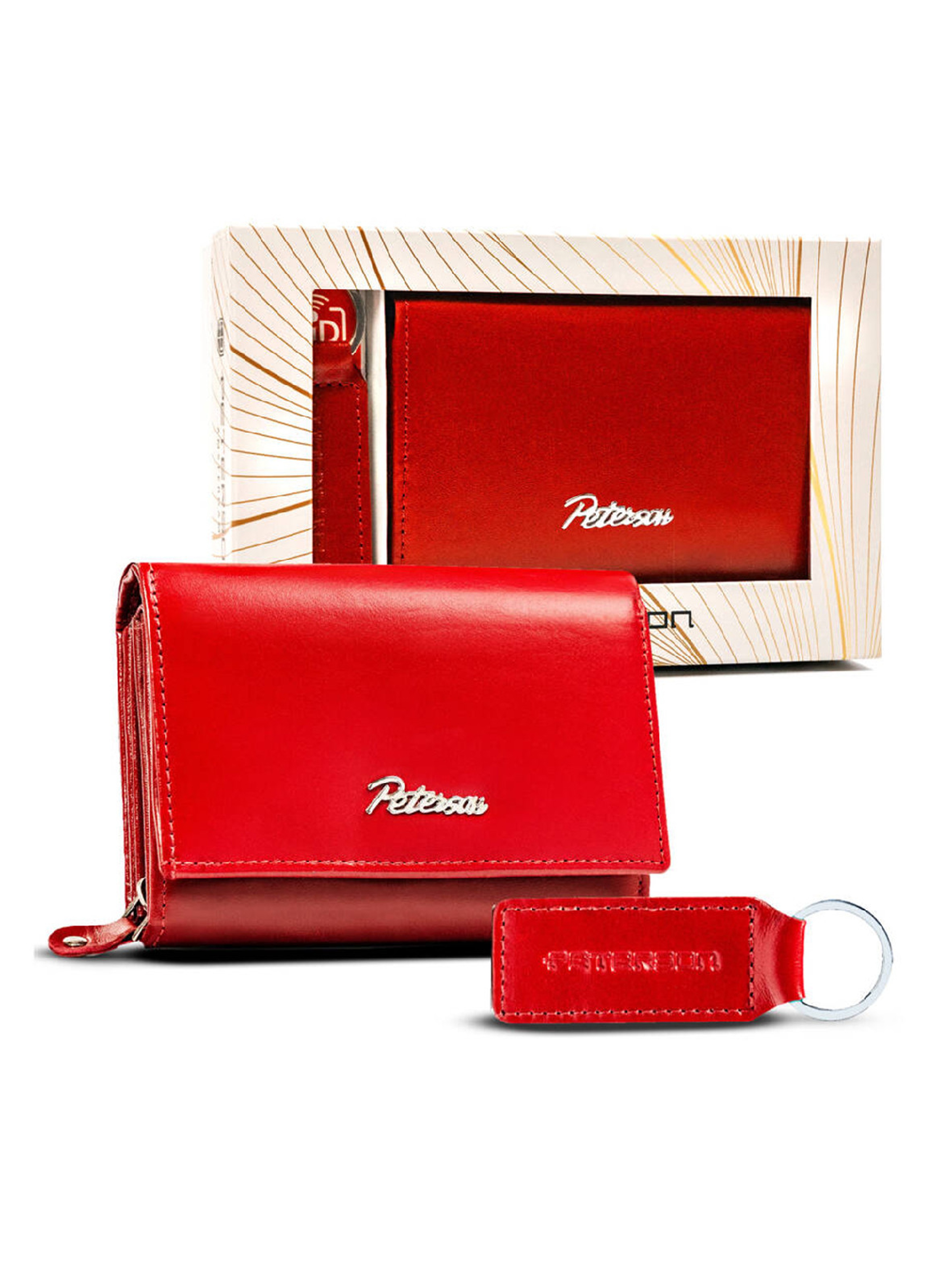 Zestaw prezentowy: pojemny portfel damski i brelok ze skóry naturalnej — Peterson czerwony