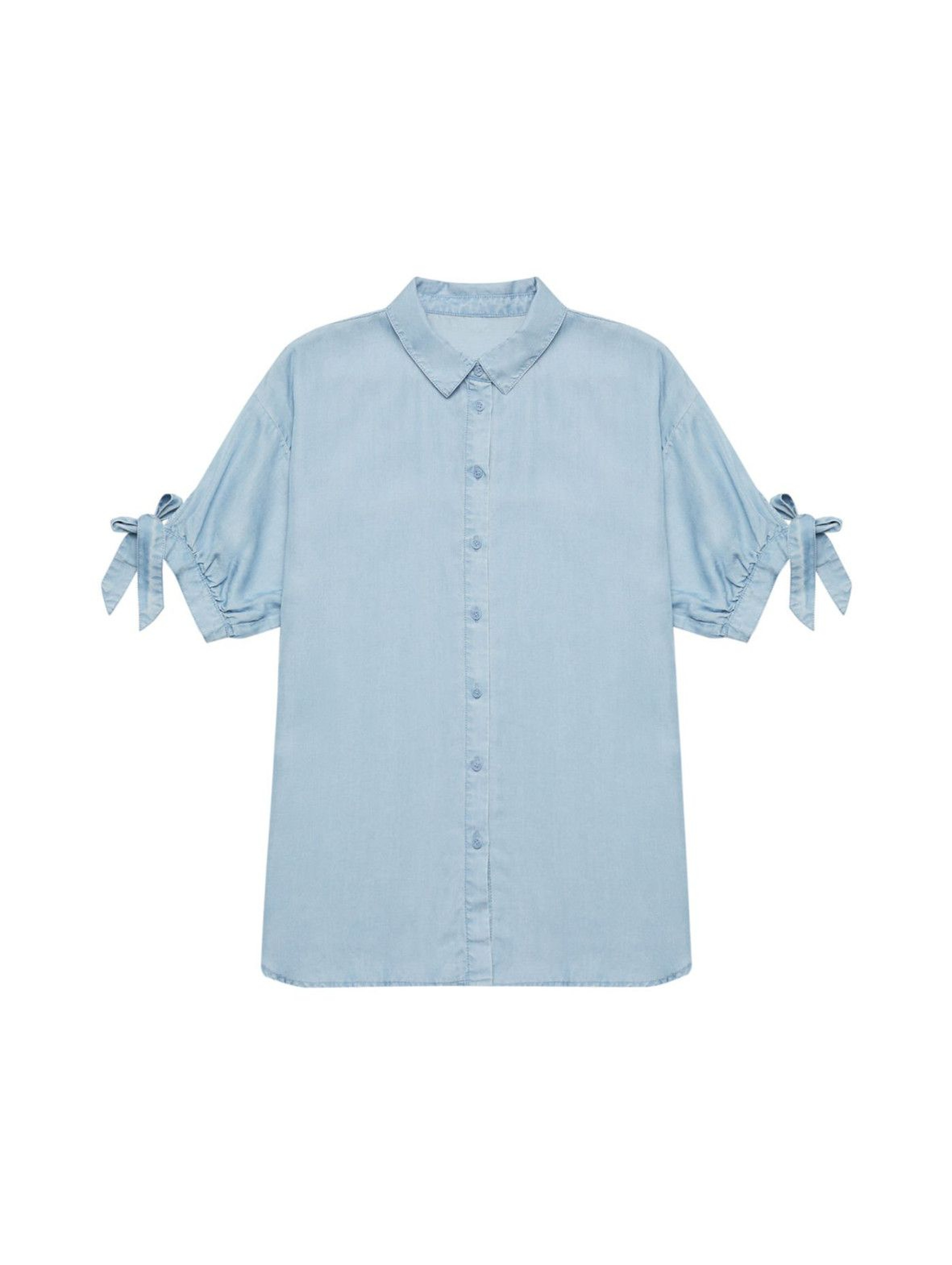 Koszula damska z marszczonymi rękawami niebieska - lyocell