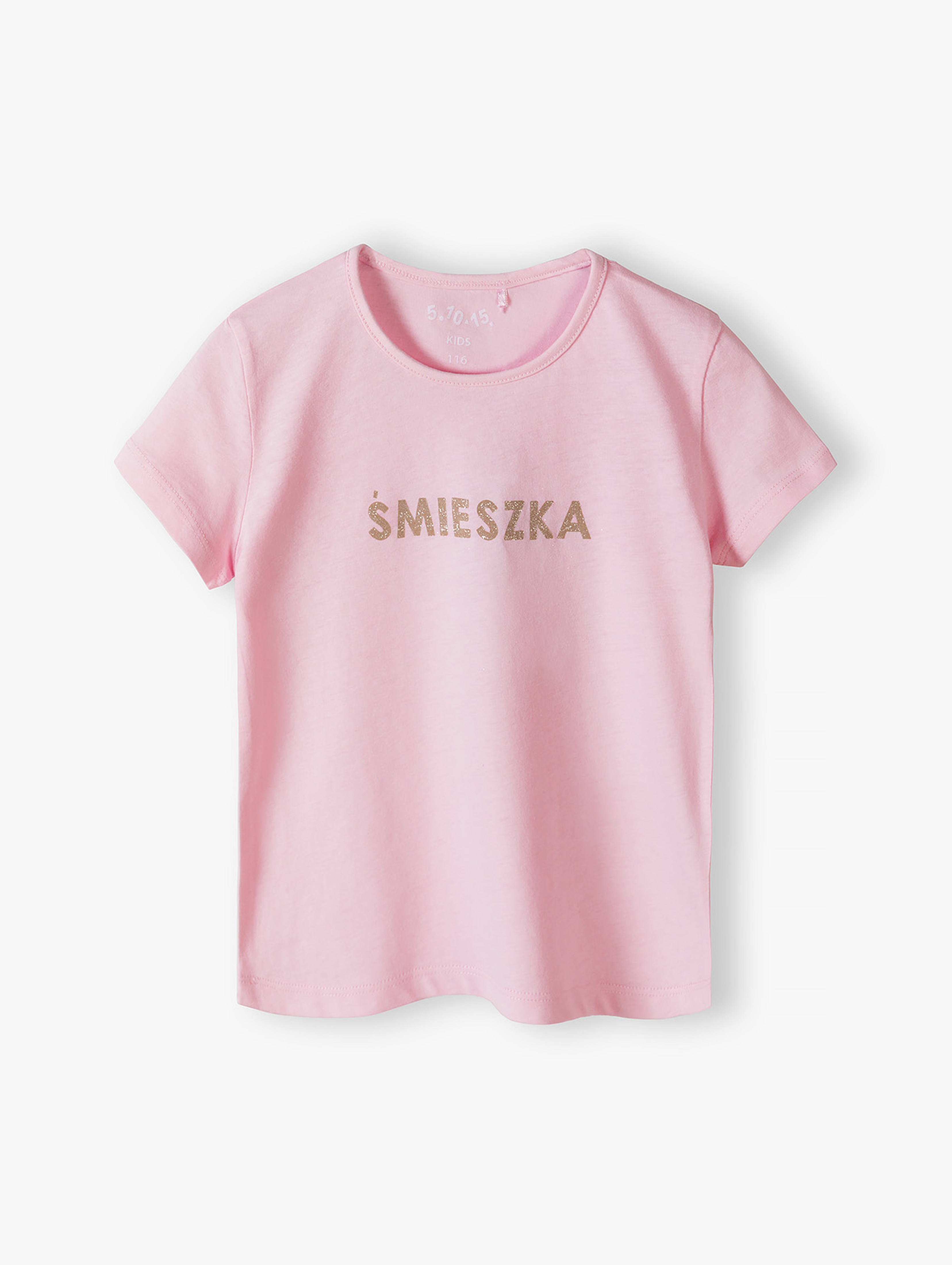 Różowy t-shirt dziewczęcy z brokatowym napisem - Śmieszka - 5.10.15.