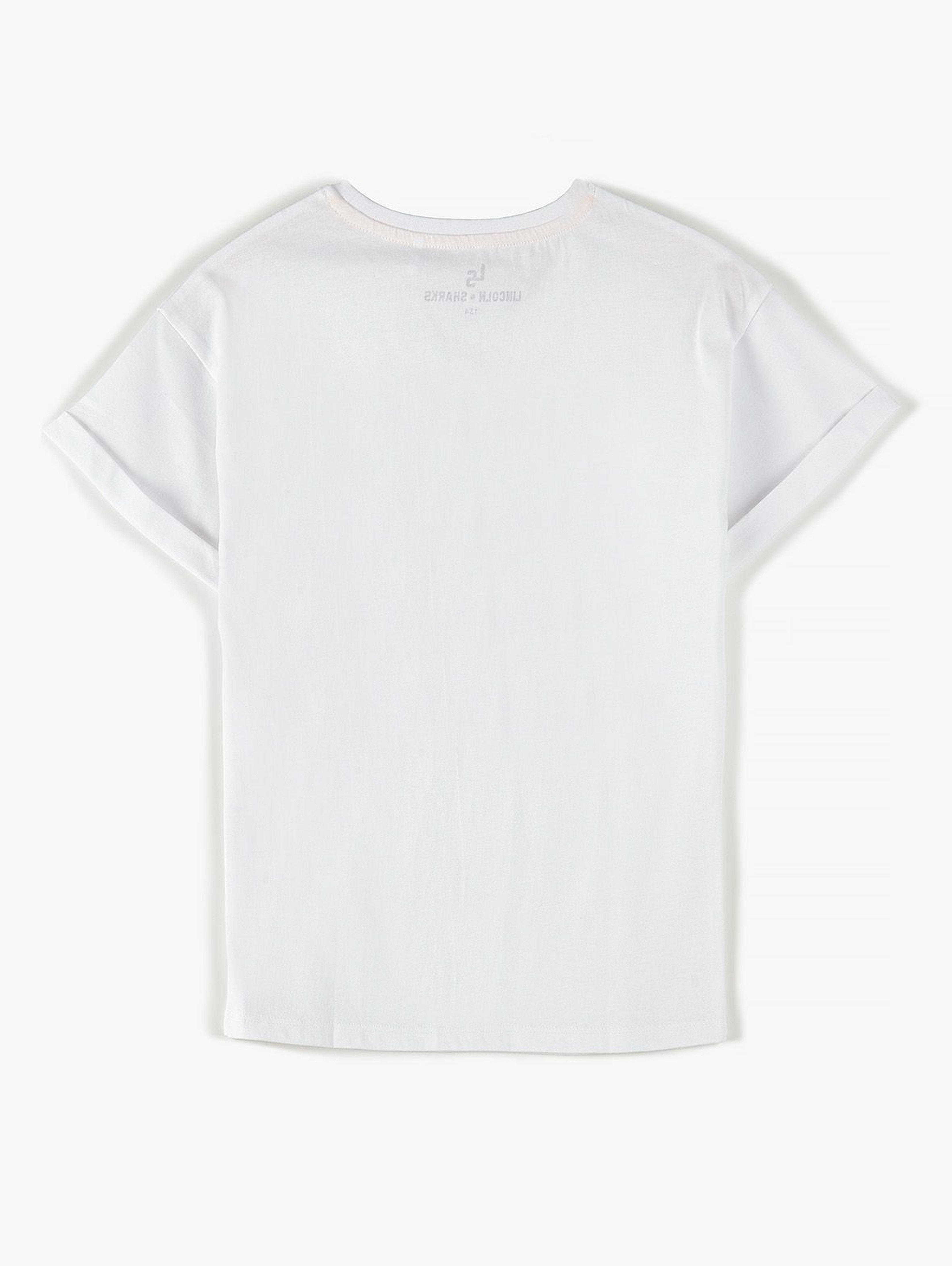 Bawełniany T- shirt dziewczęcy biały z nadrukiem z przodu- 100% bawełna