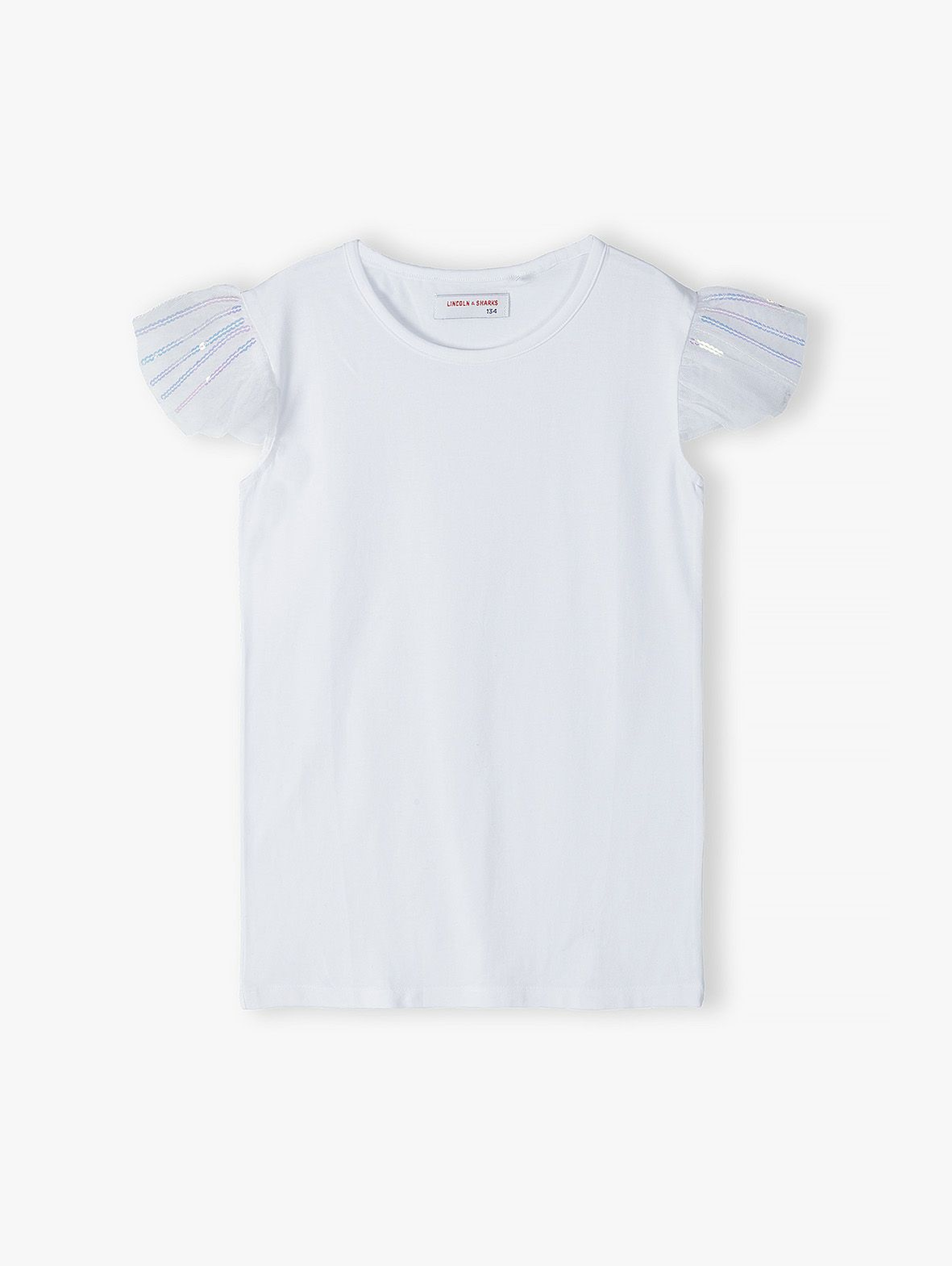 T- shirt dziewczęcy - biały z ozdobną tiulową falbanką
