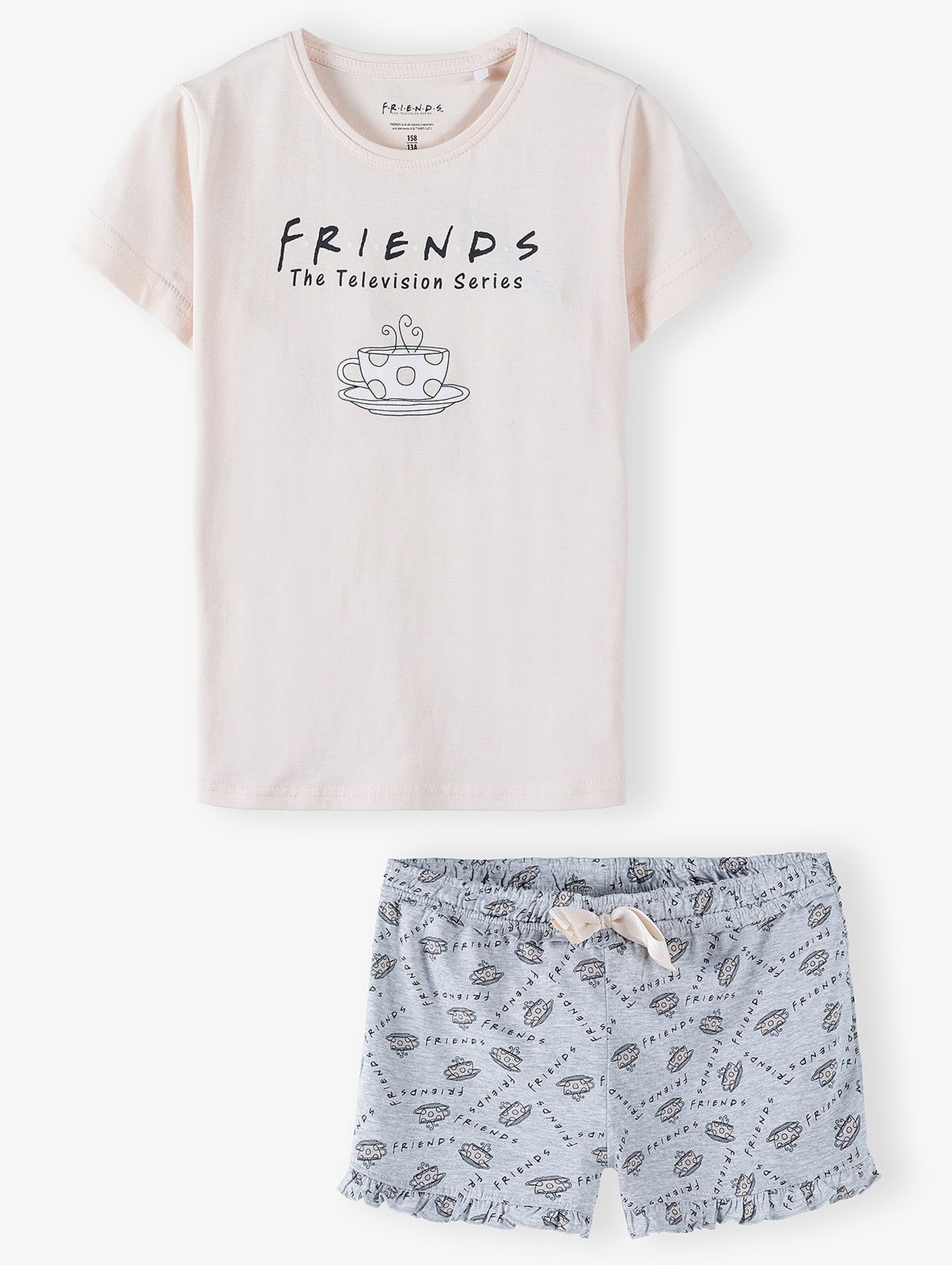 Pidżama dziewczęca Friends - t-shirt i szare spodenki z kokardką
