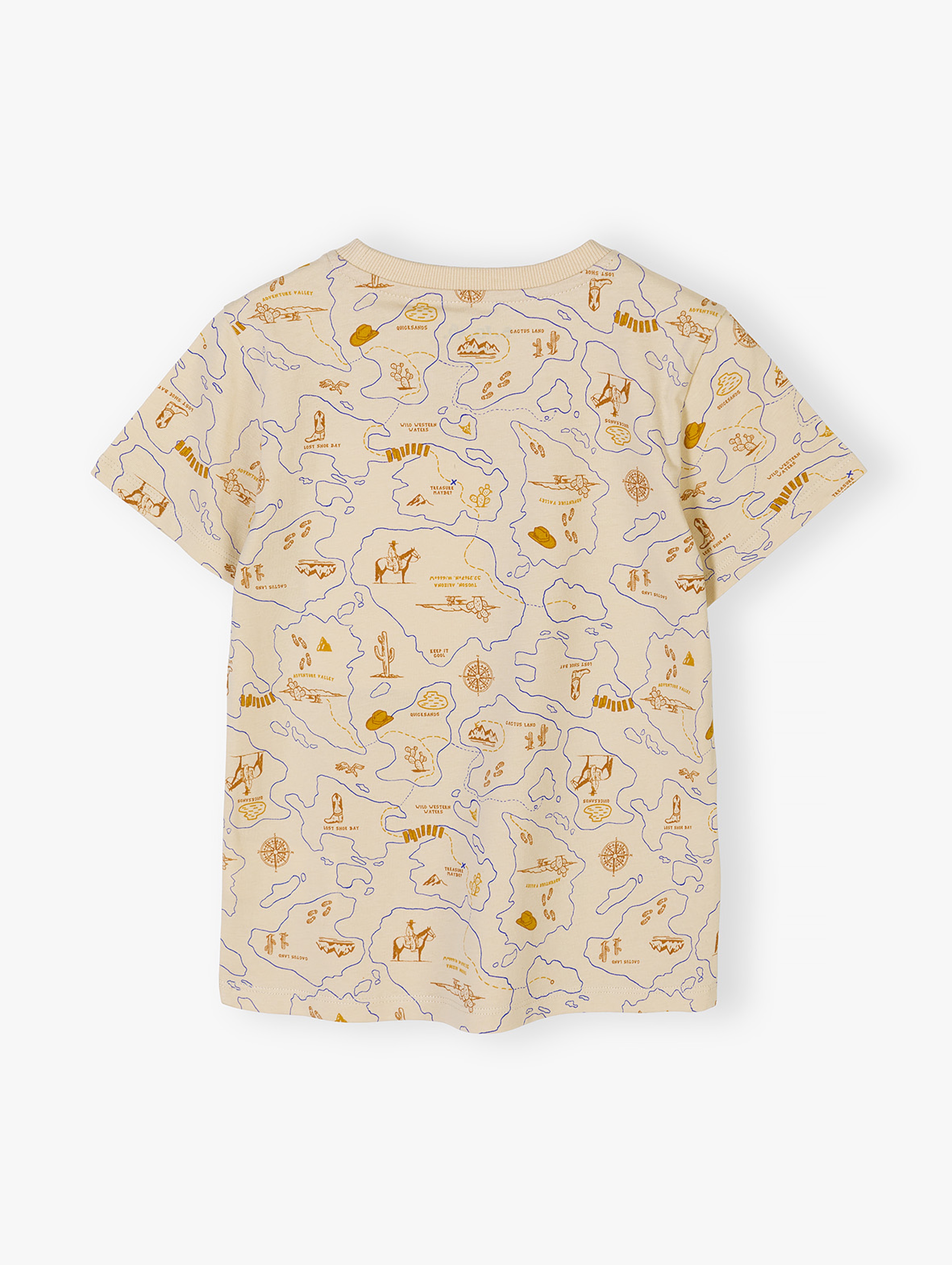 Beżowy bawełniany t-shirt dla chłopca z nadrukiem mapy