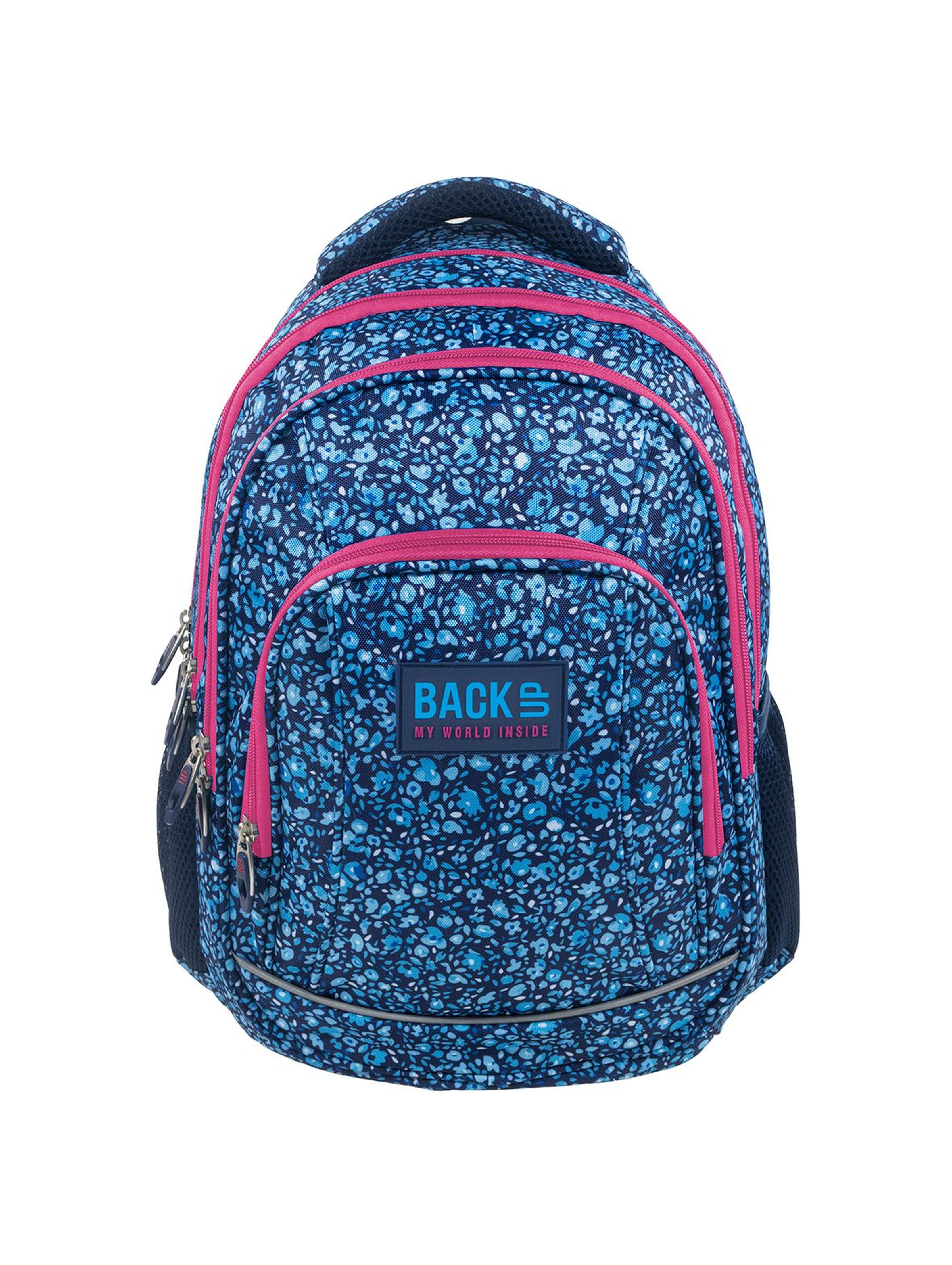 Plecak szkolny BackUP z odblaskami + SŁUCHAWKI - niebieski w kwiatuszki