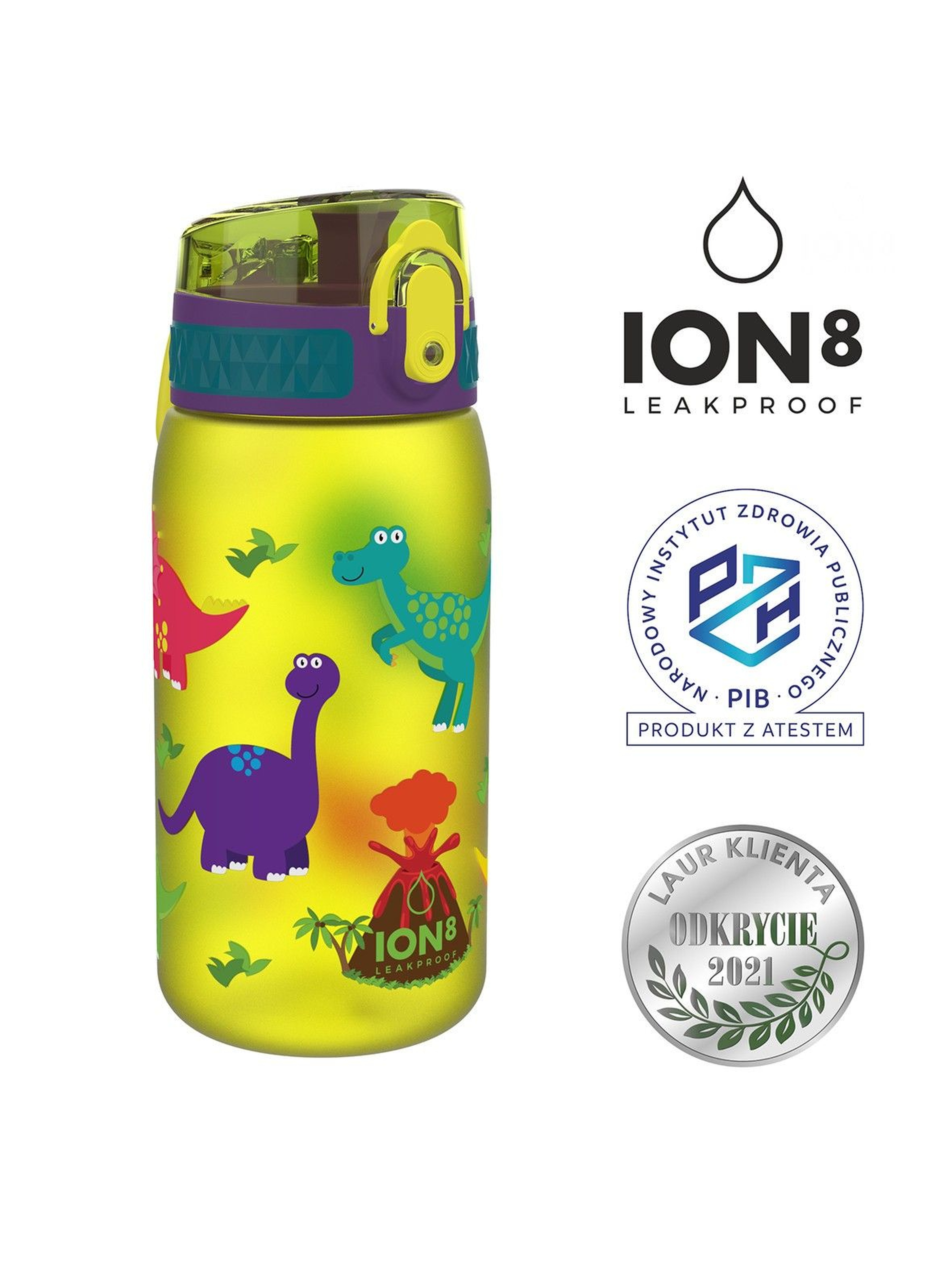 Oryginalna butelka na wodę ION8 żółta Dinozaury 0,4l