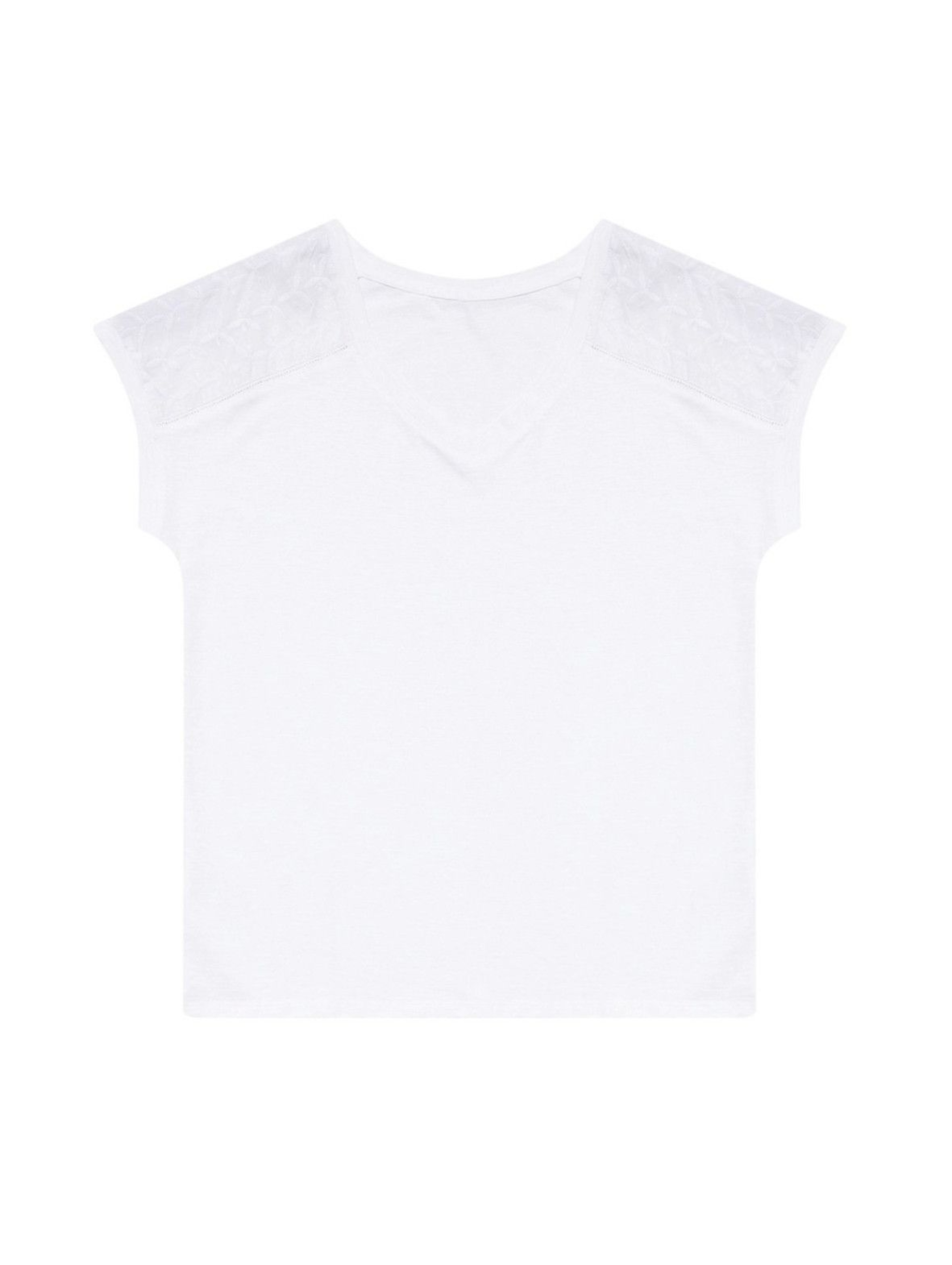Bawełniany biały T-shirt damski na krótki rękaw z ażurowym zdobieniem