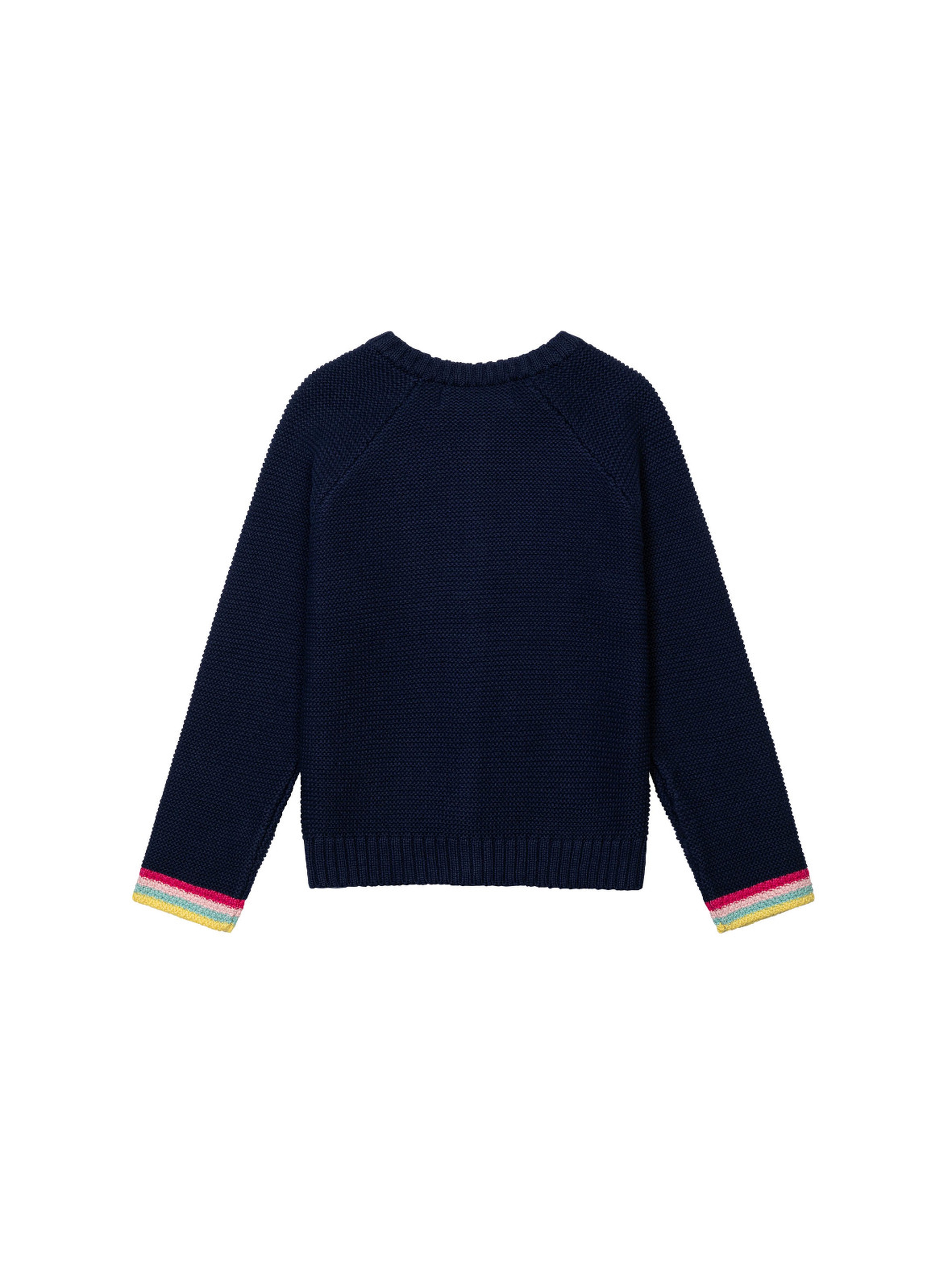 Granatowy sweter dziewczęcy rozpinany z motywem tęczy