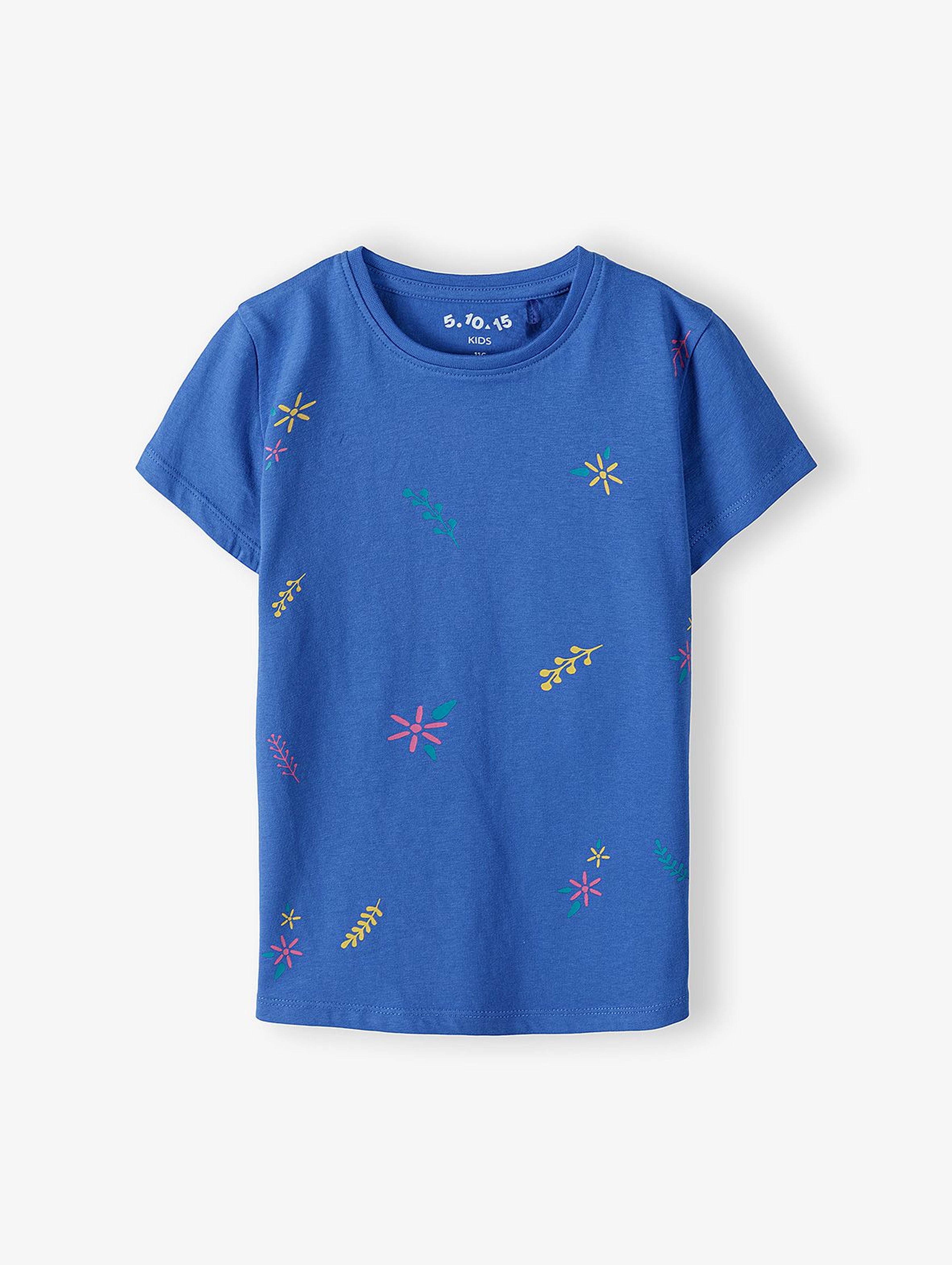 Dzianinowy niebieski t-shirt  dziewczęcy w kwiatki