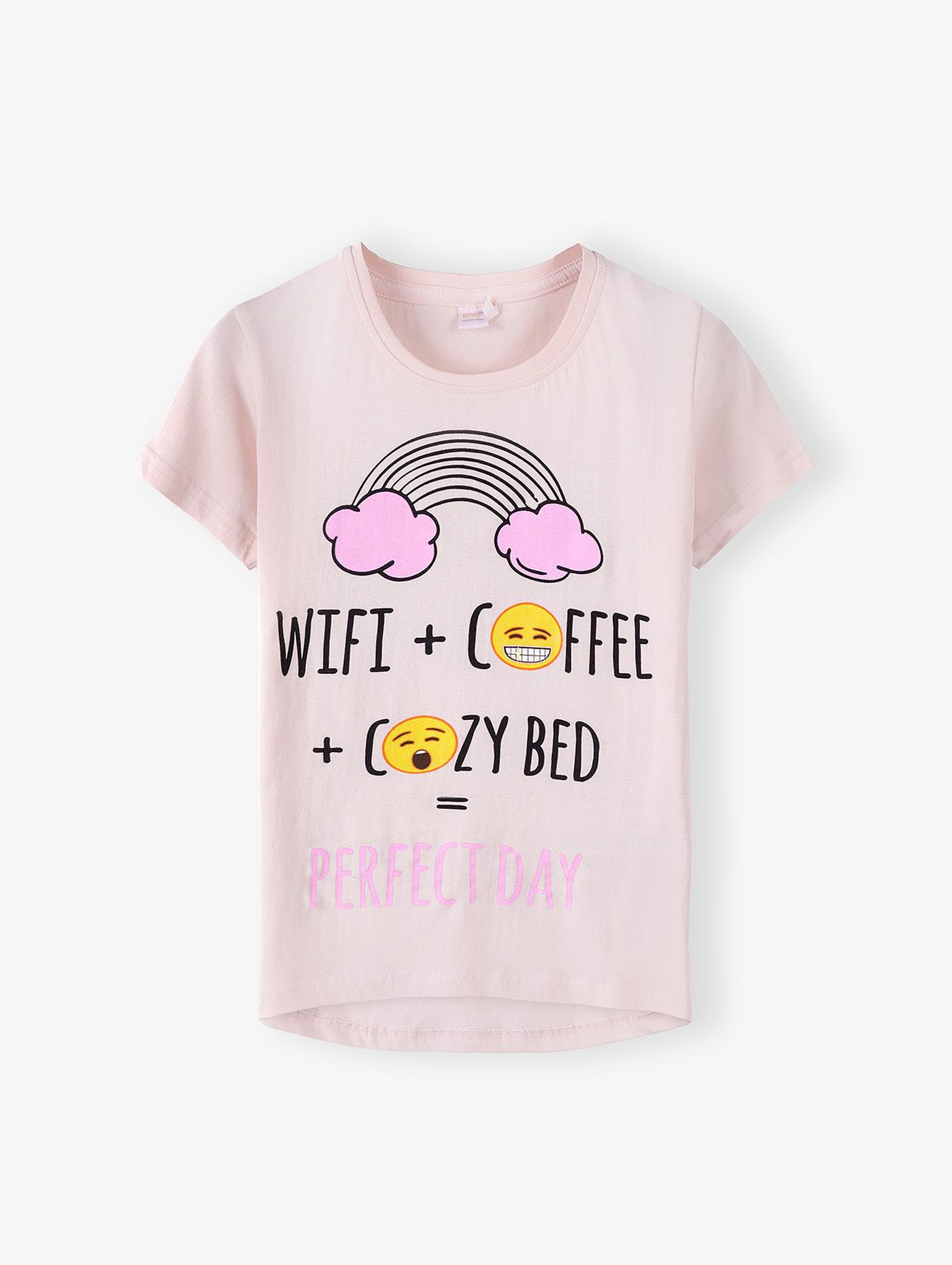 Bawełniany t-shirt damski WiFi + COFFE = COZY BED - różowy
