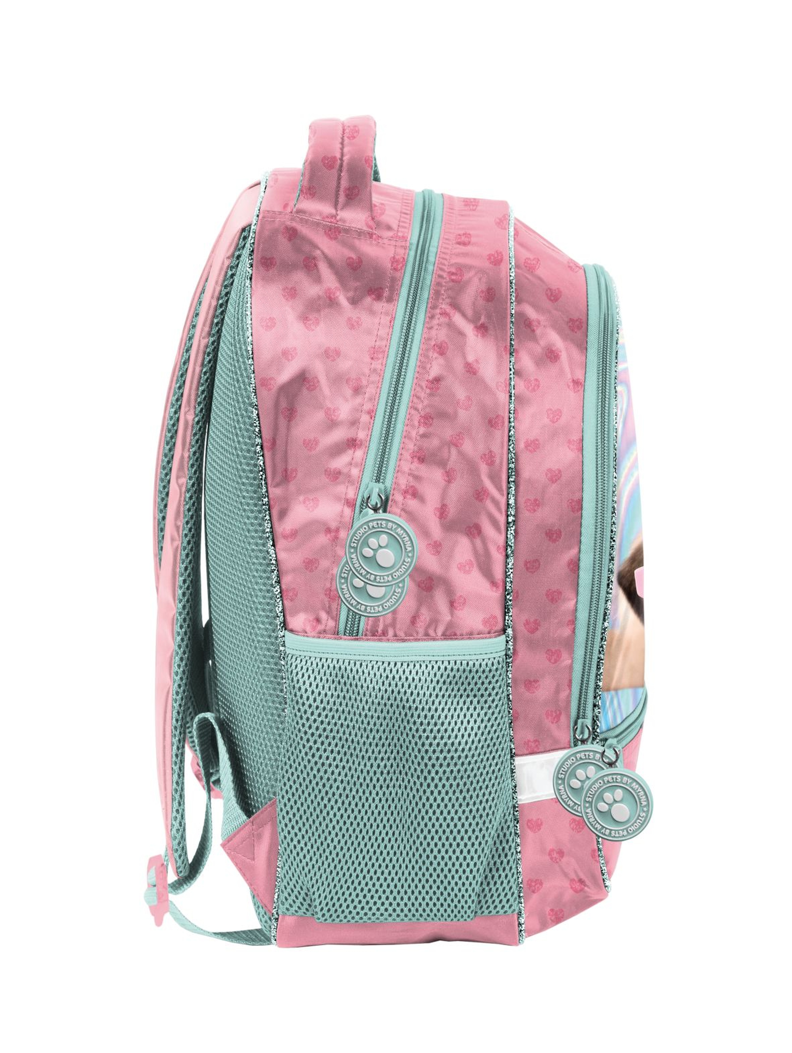 Plecak szkolny dwukomorowy miętowo-różowy z pieskiem