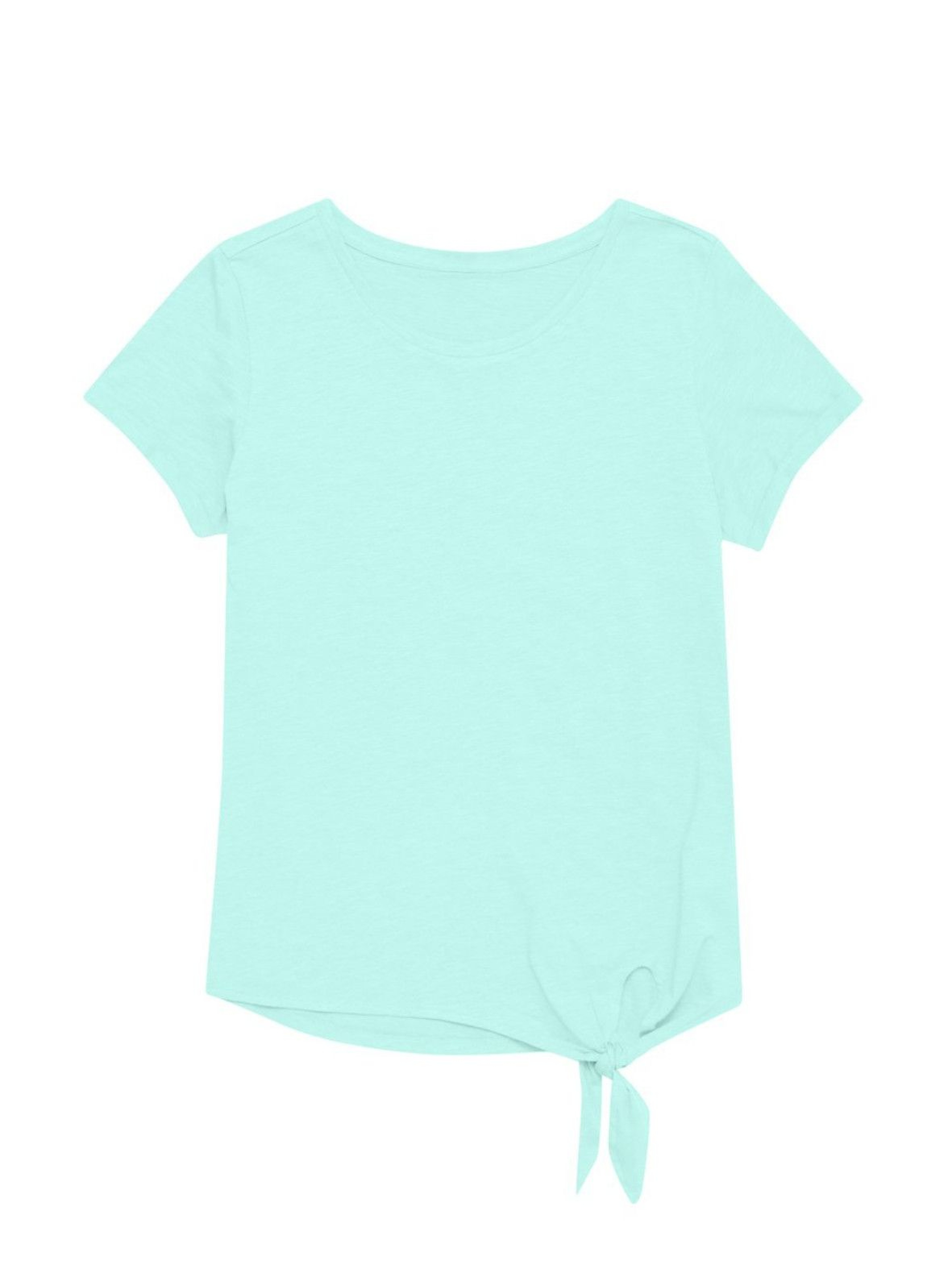 Bawełniany niebieski T-shirt damski na krótki rękaw z ozdobnym wiązaniem