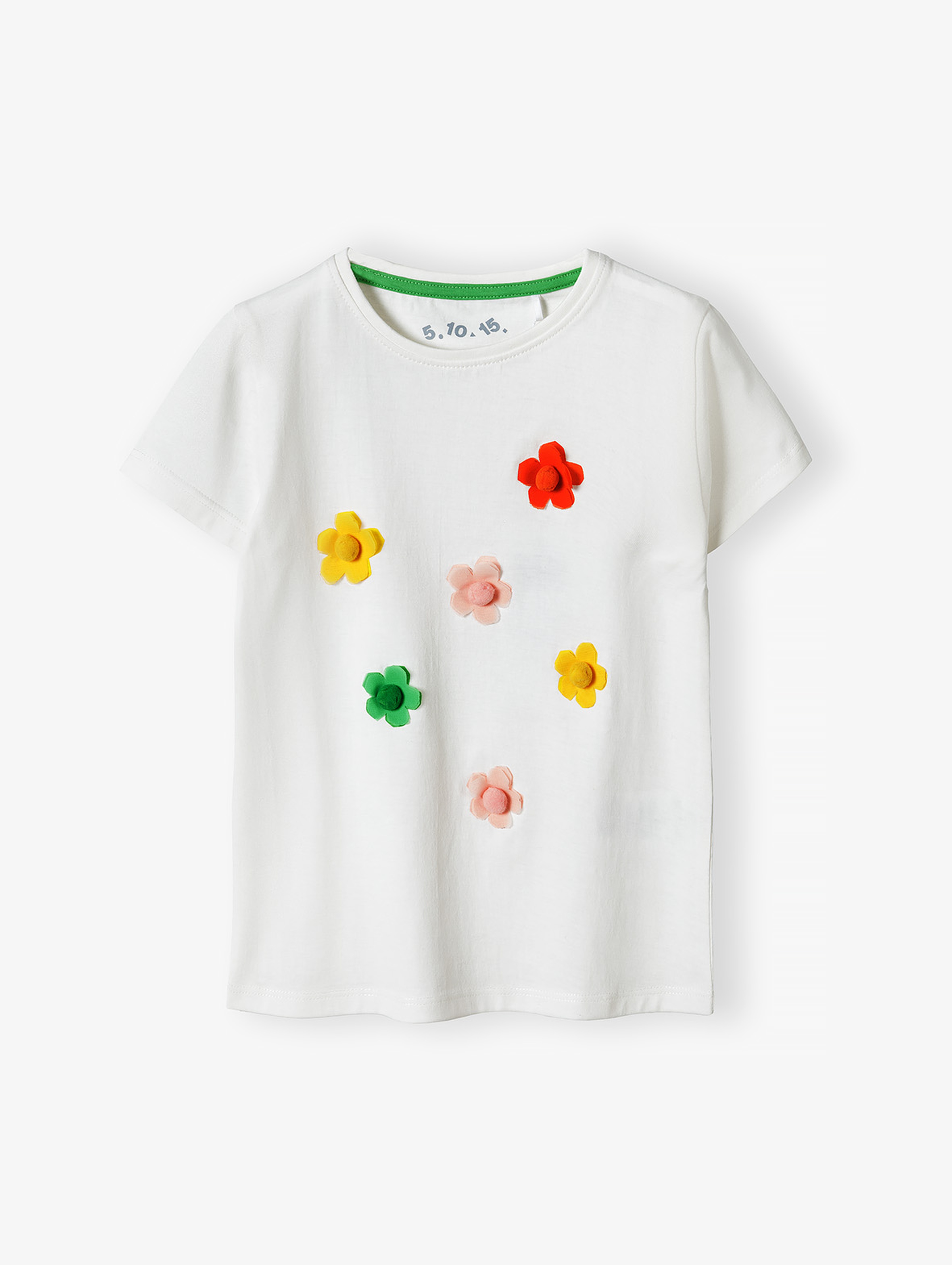 Biały t-shirt bawełniany dla dziewczynki w kwiatki 3D