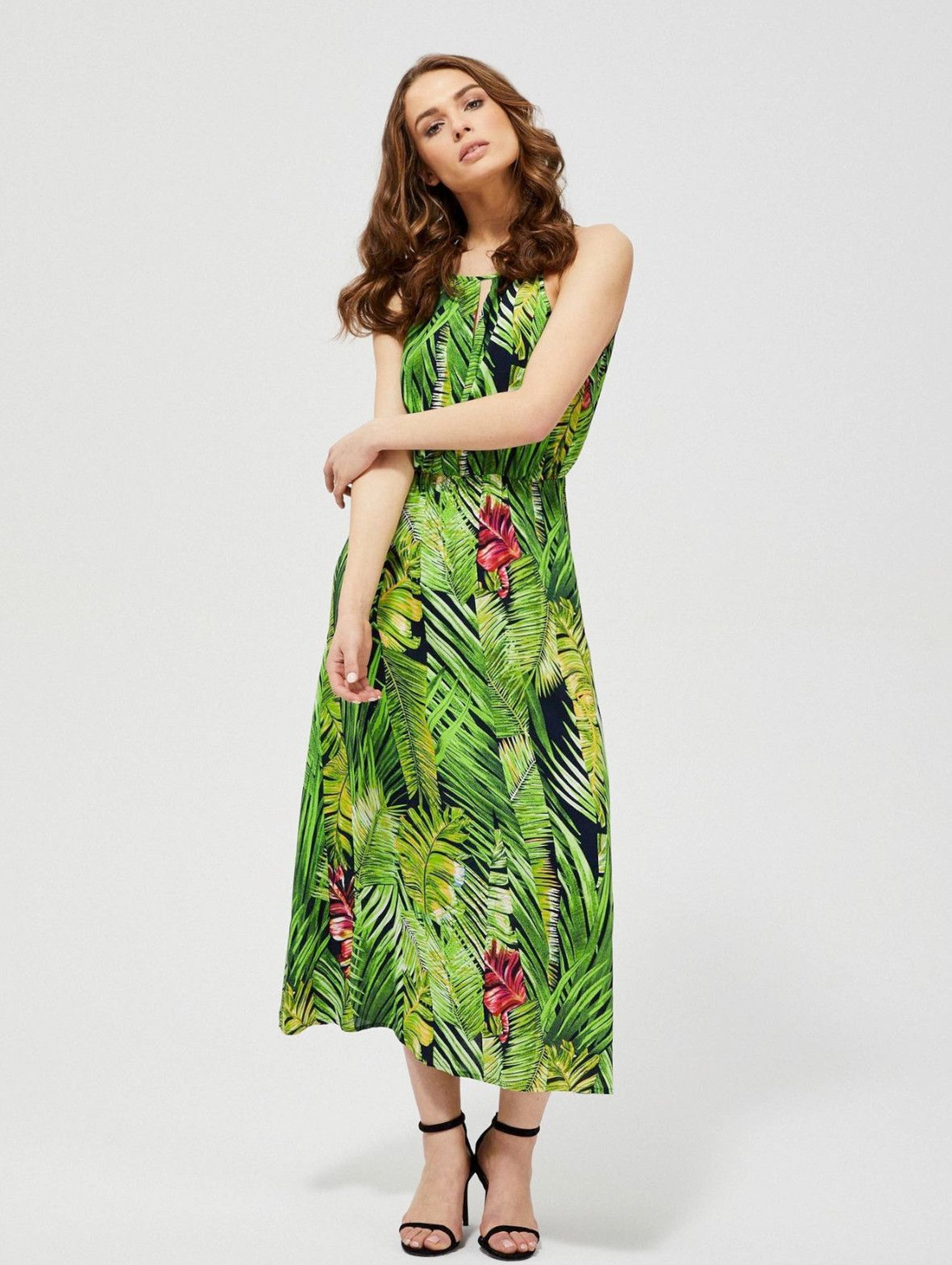 Sukienka damska z motywem roślinnym -zielona