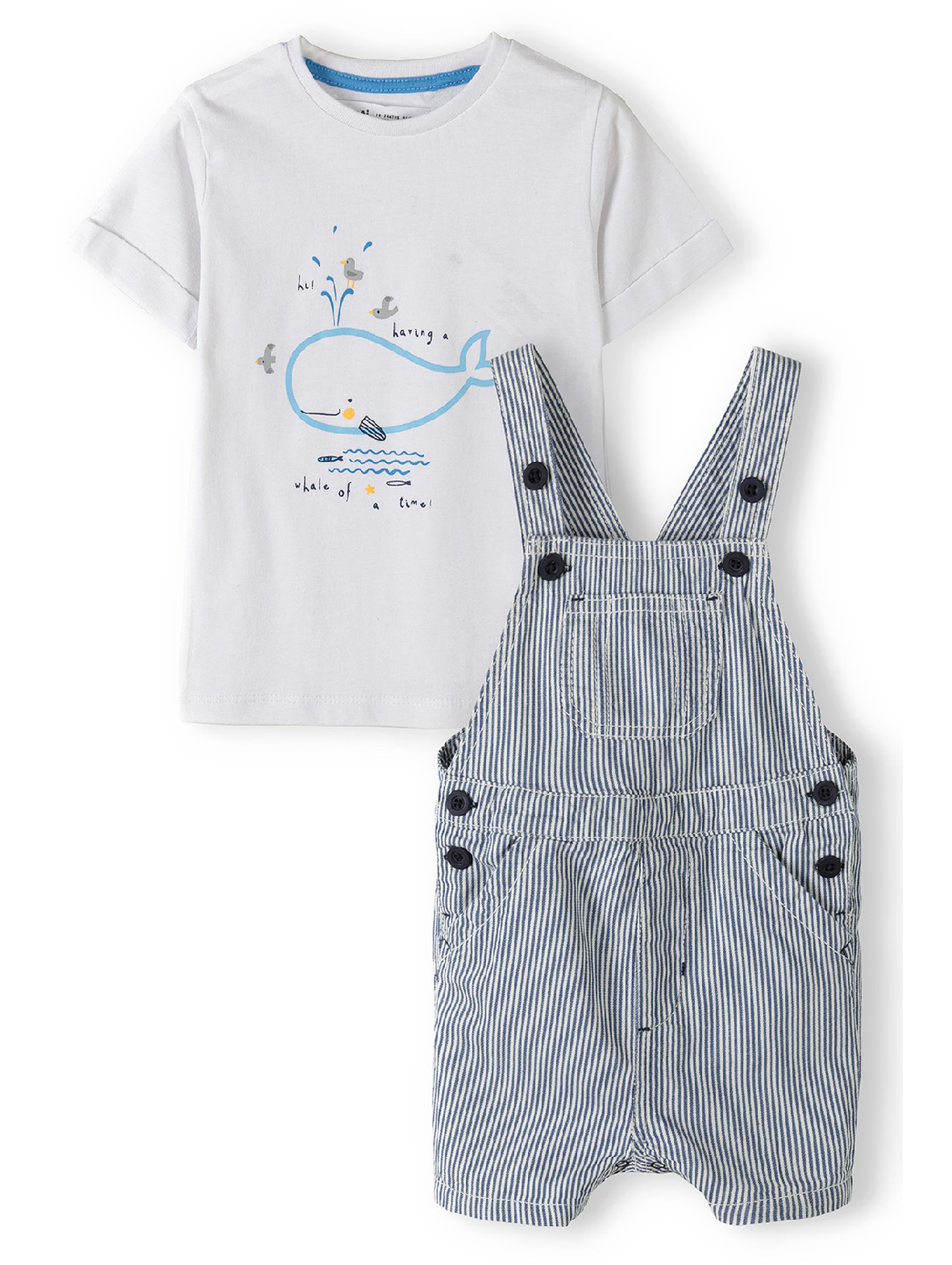 Komplet niemowlęcy bawełniany - biały t-shirt + ogrodniczki w paski