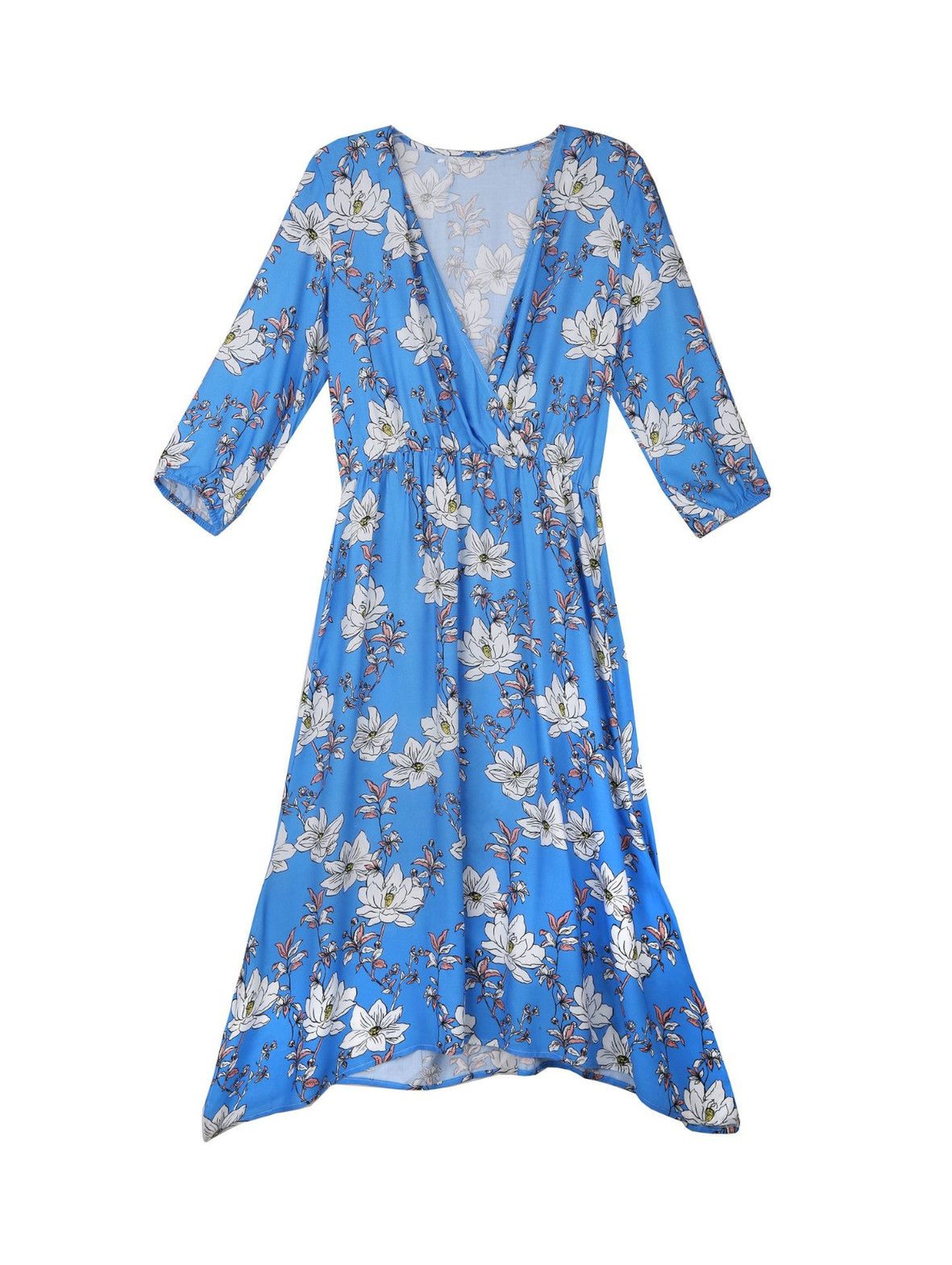 Niebieska sukienka damska o luźnym fasonie z asymetrycznymi dłuższymi bokami