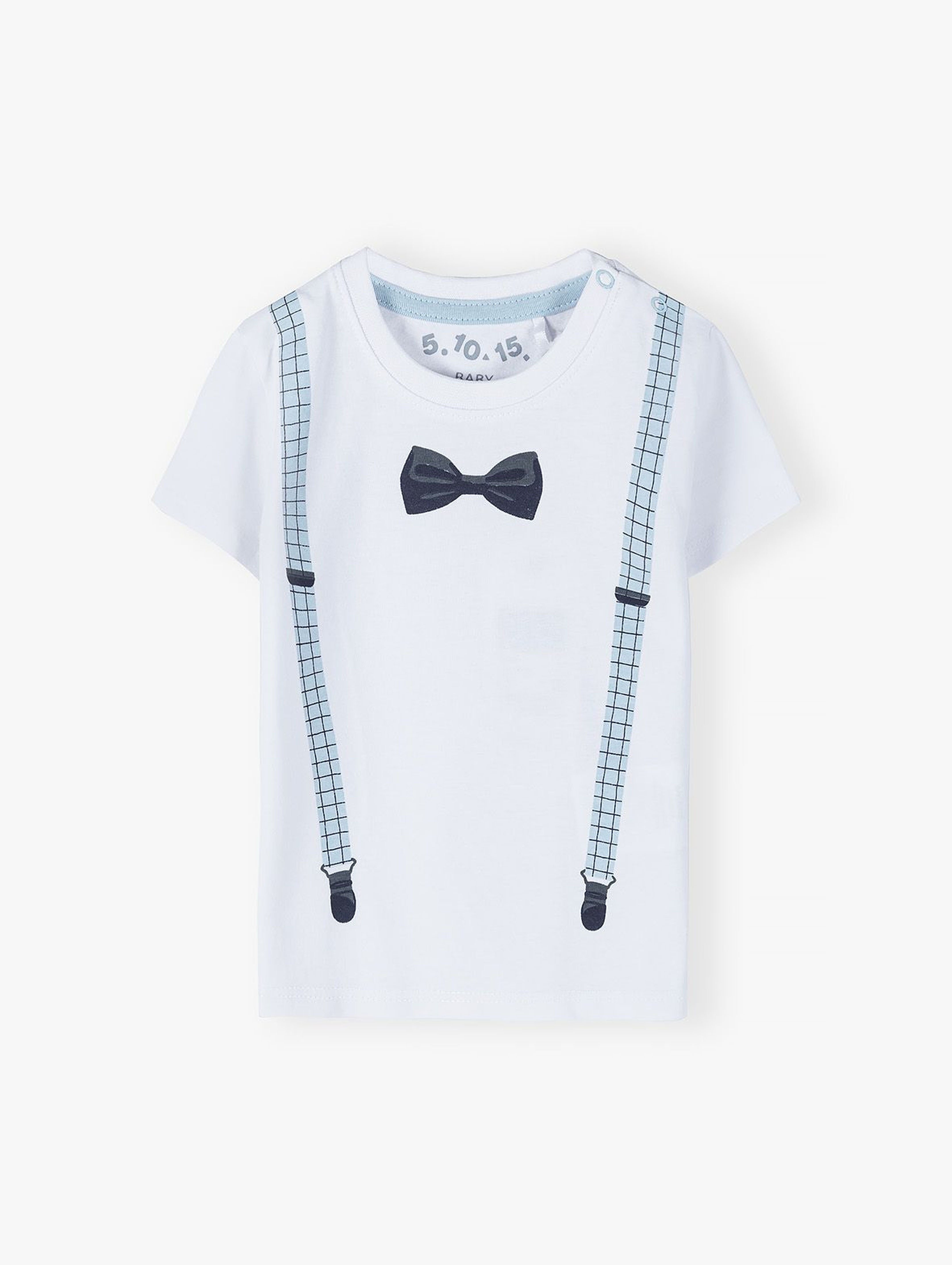 Bawełniany t-shirt niemowlęcy z nadrukiem imitującym szelki i muszkę - biała