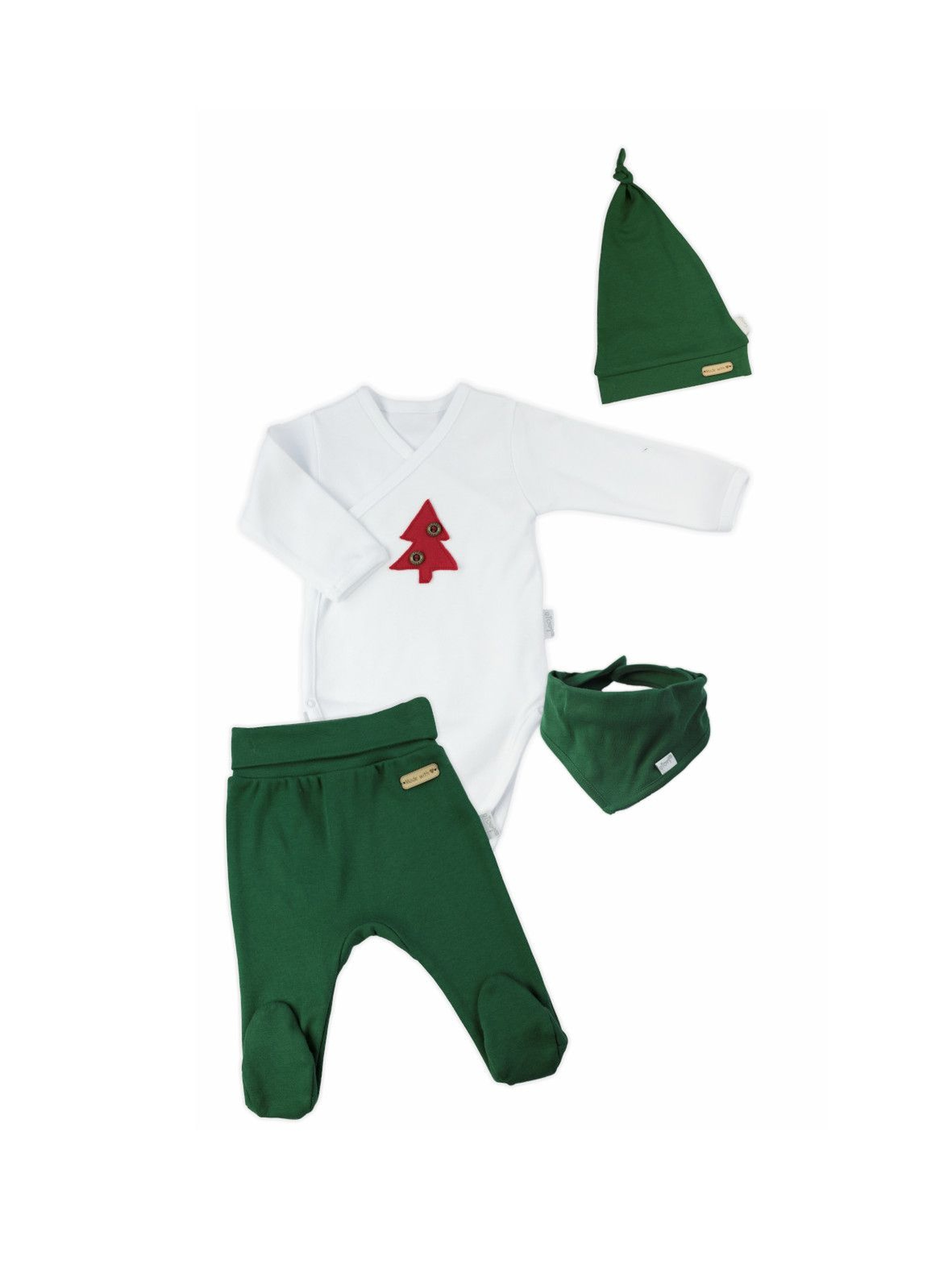 Komplet świąteczny niemowlęcy czapka, apaszka, body - biało-zielony