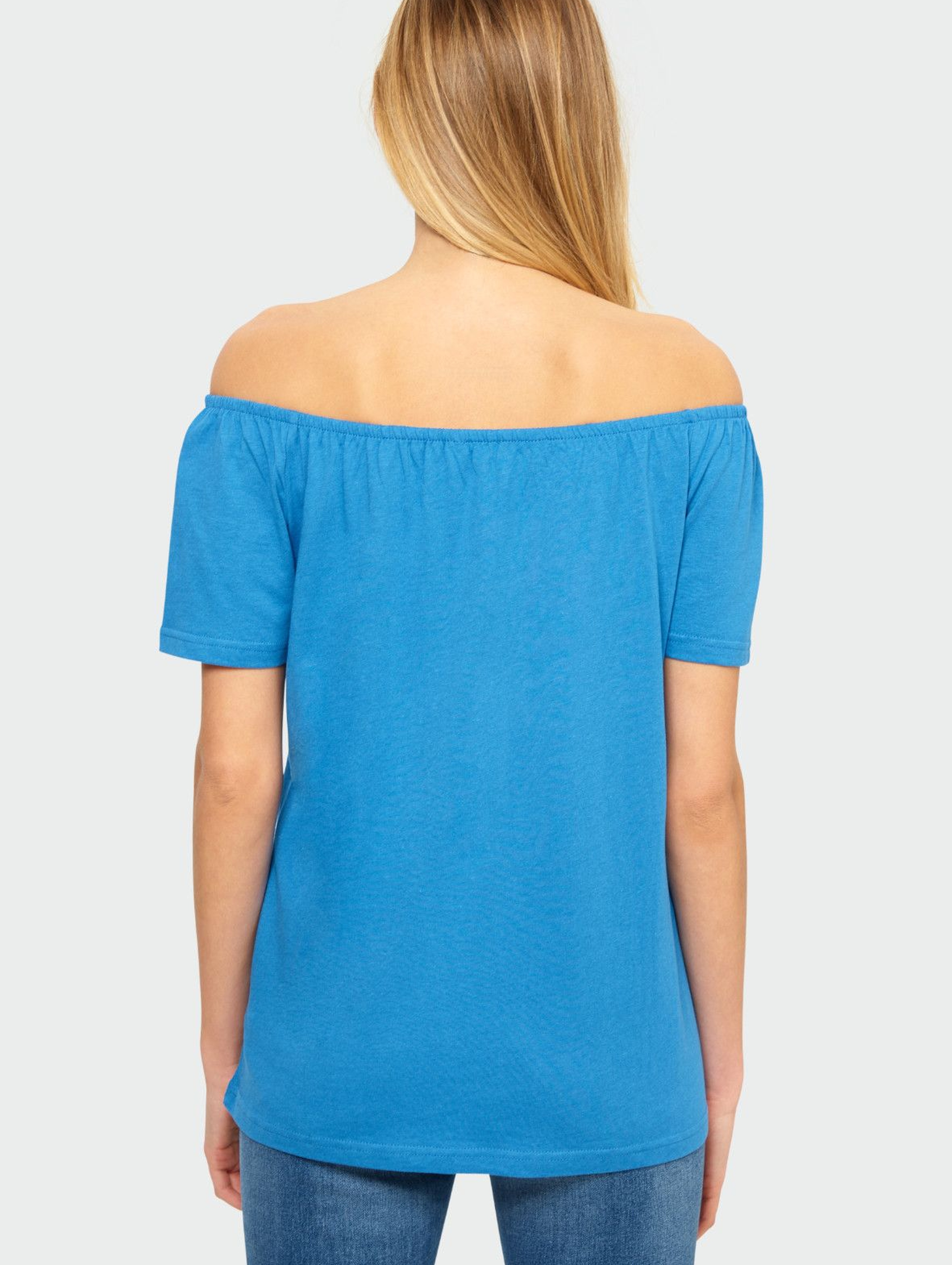 Niebieska bluzka damska z odkrytymi ramionami- niebieska