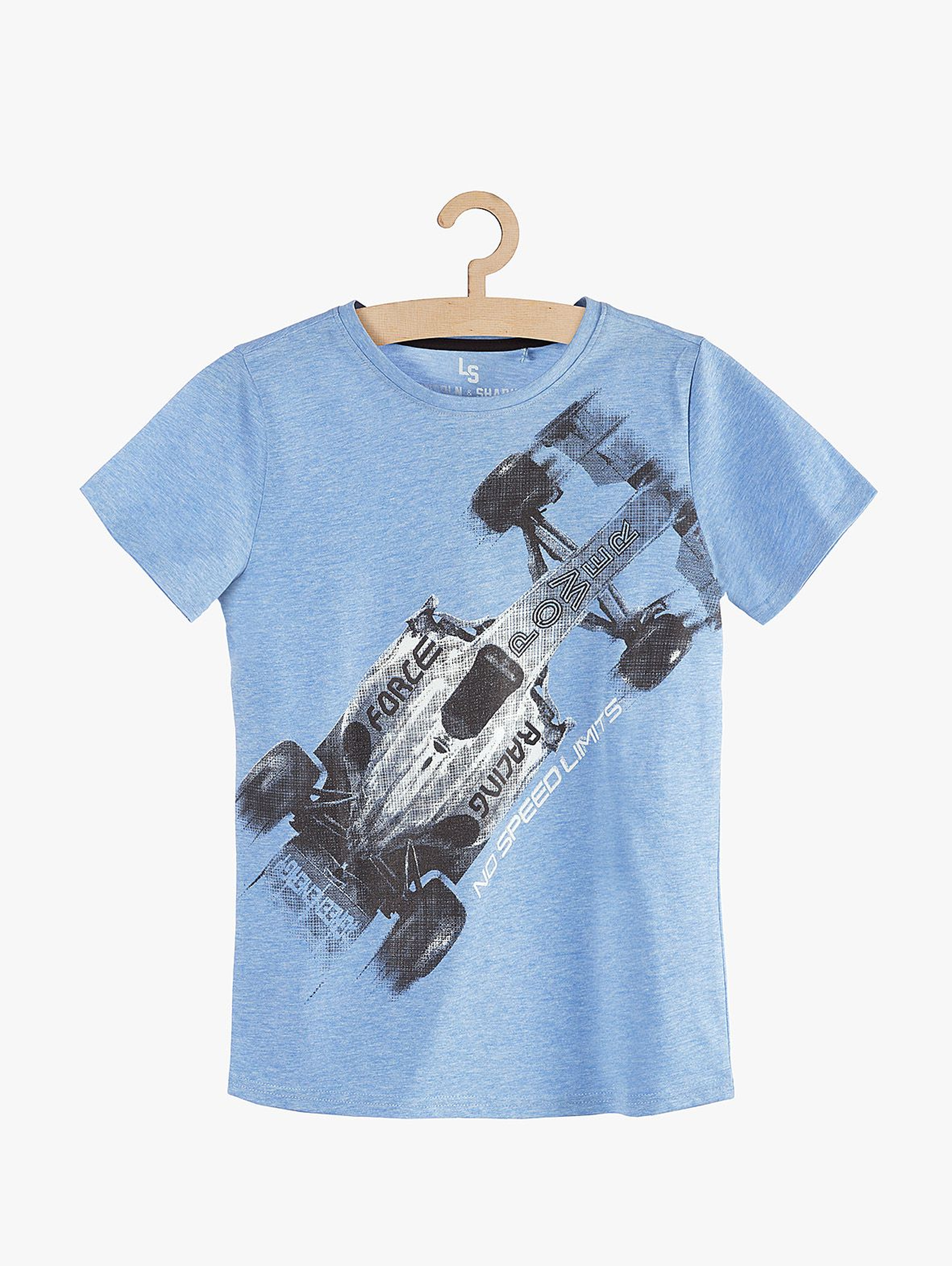 T-shirt chłopięcy niebieski z wyścigówką 100% bawełna