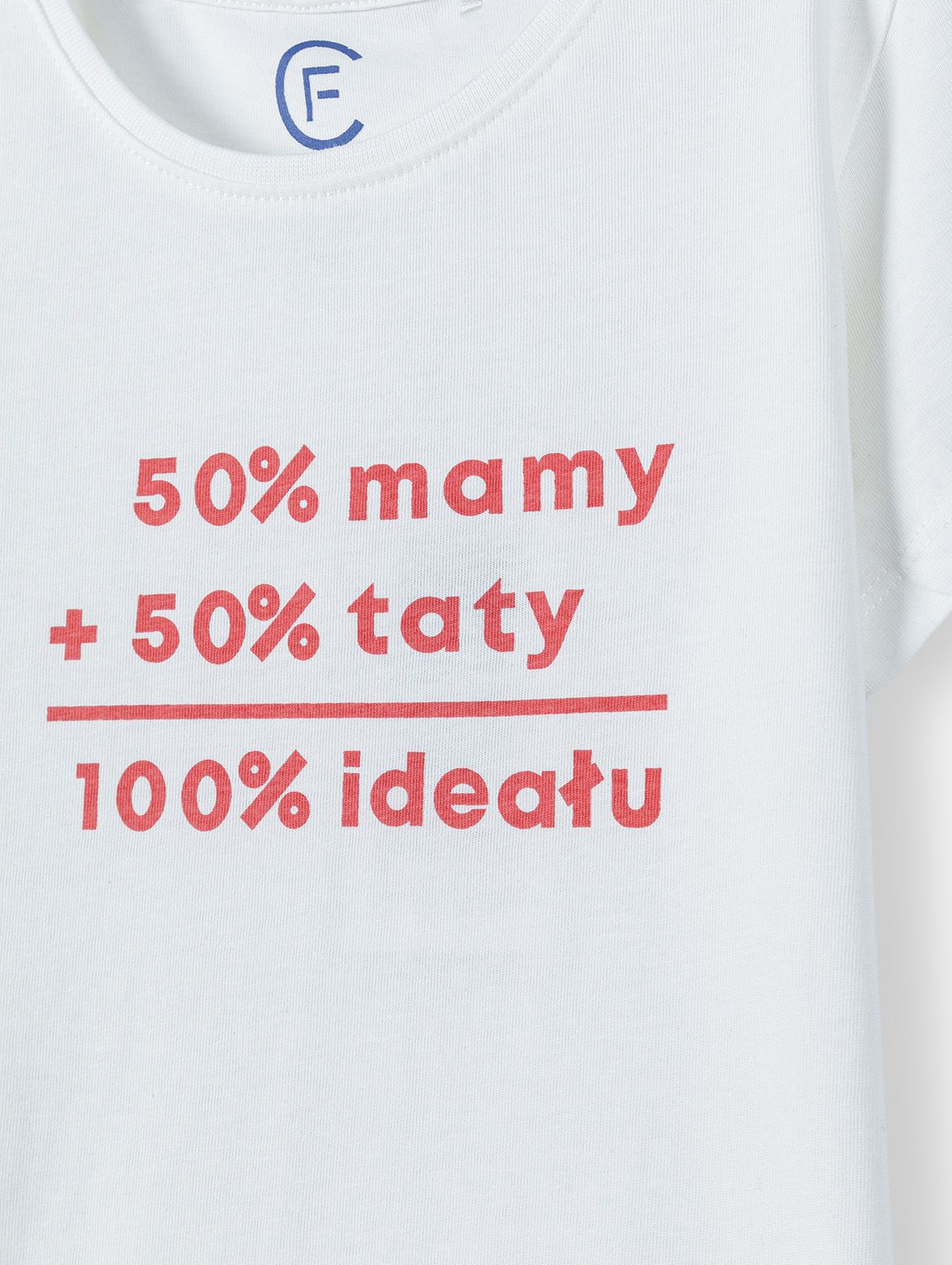 Bawełniany t-shirt dziewczęcy z miekkim nadrukiem - 50% mamy 50% taty 100% ideału