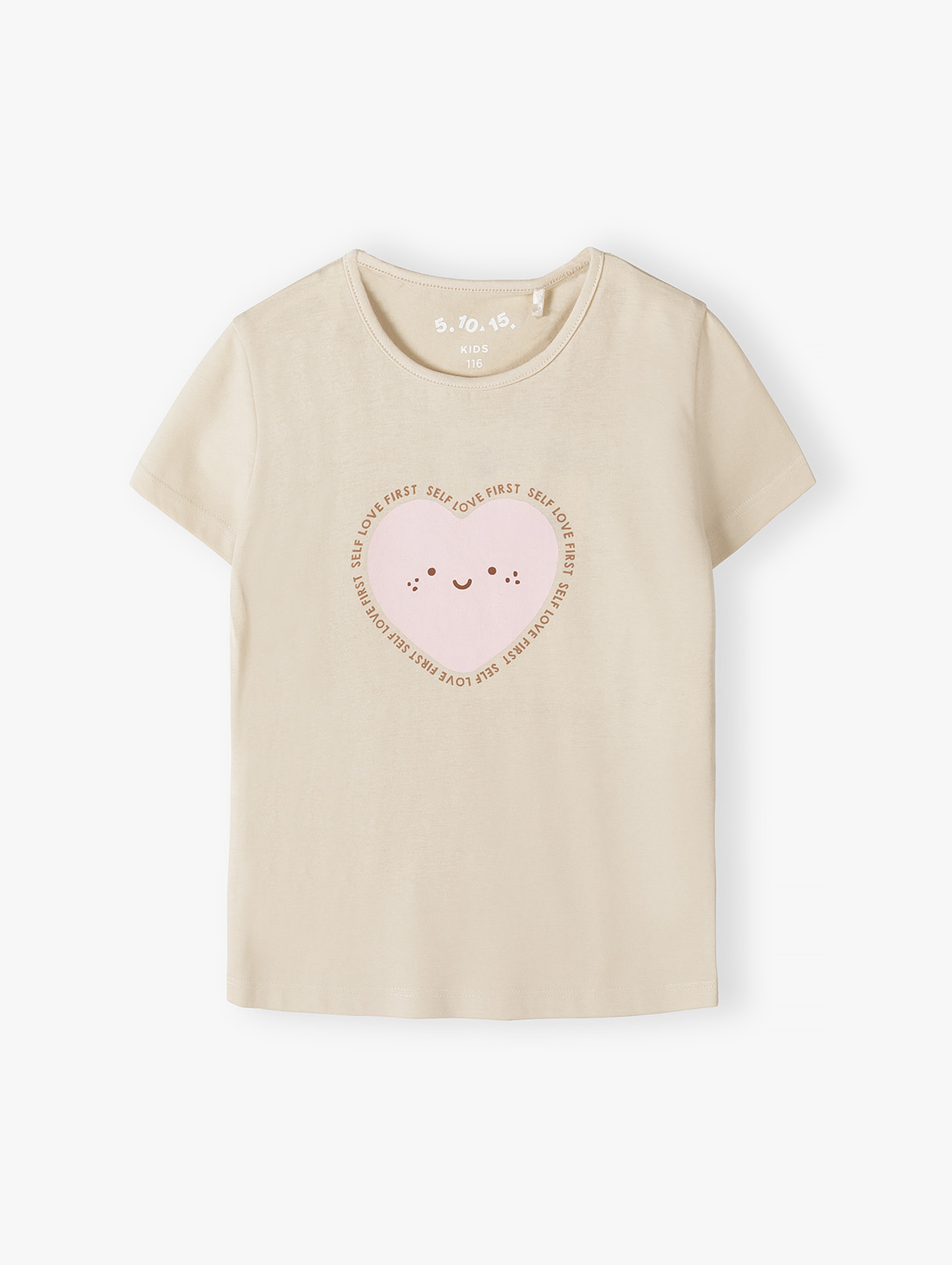 T-shirt dla dziewczynki - beżowy z różowym serduszkiem - 5.10.15.